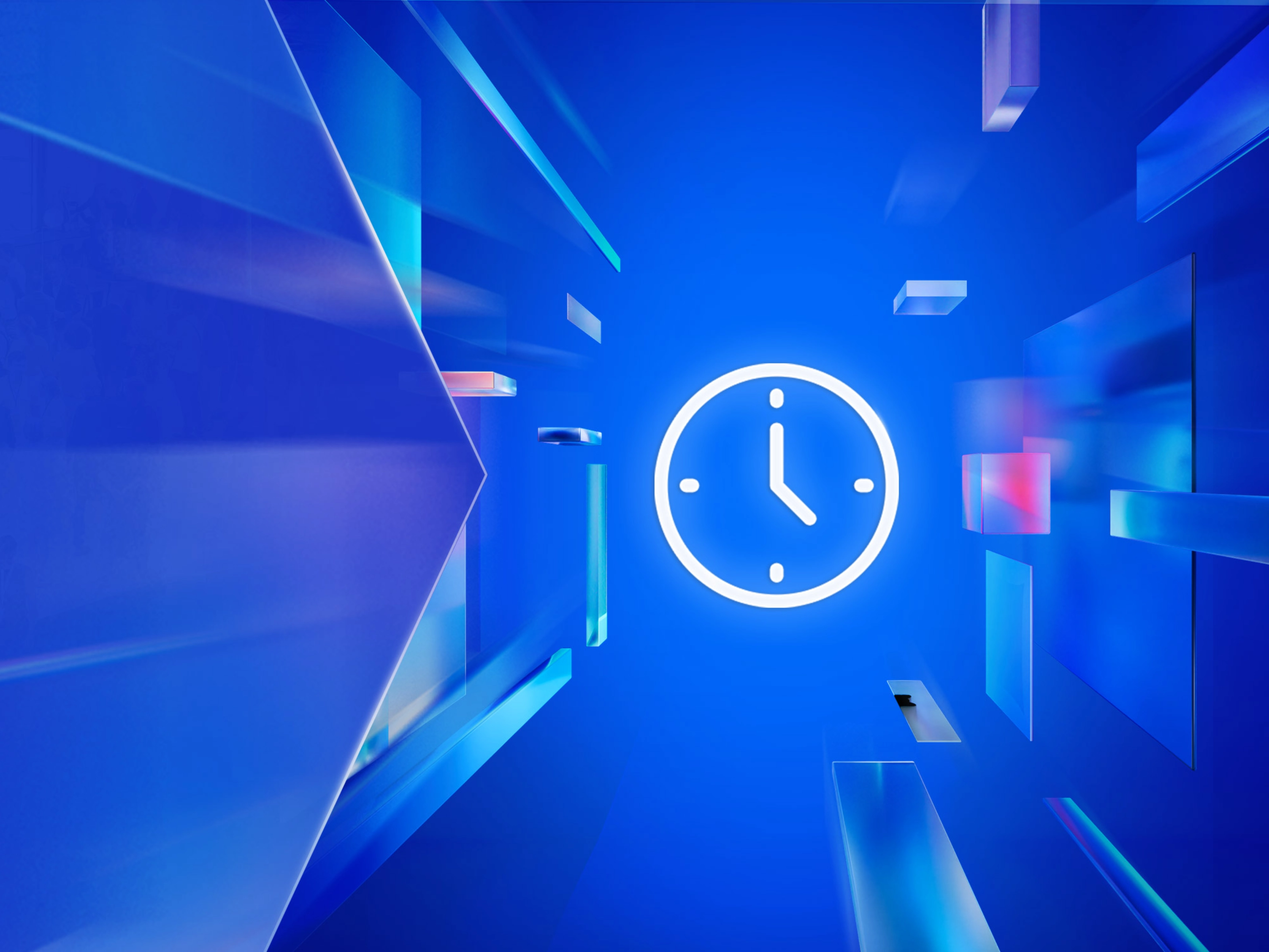 Glowing clock icon on a blue digital background with abstract 3D elements.