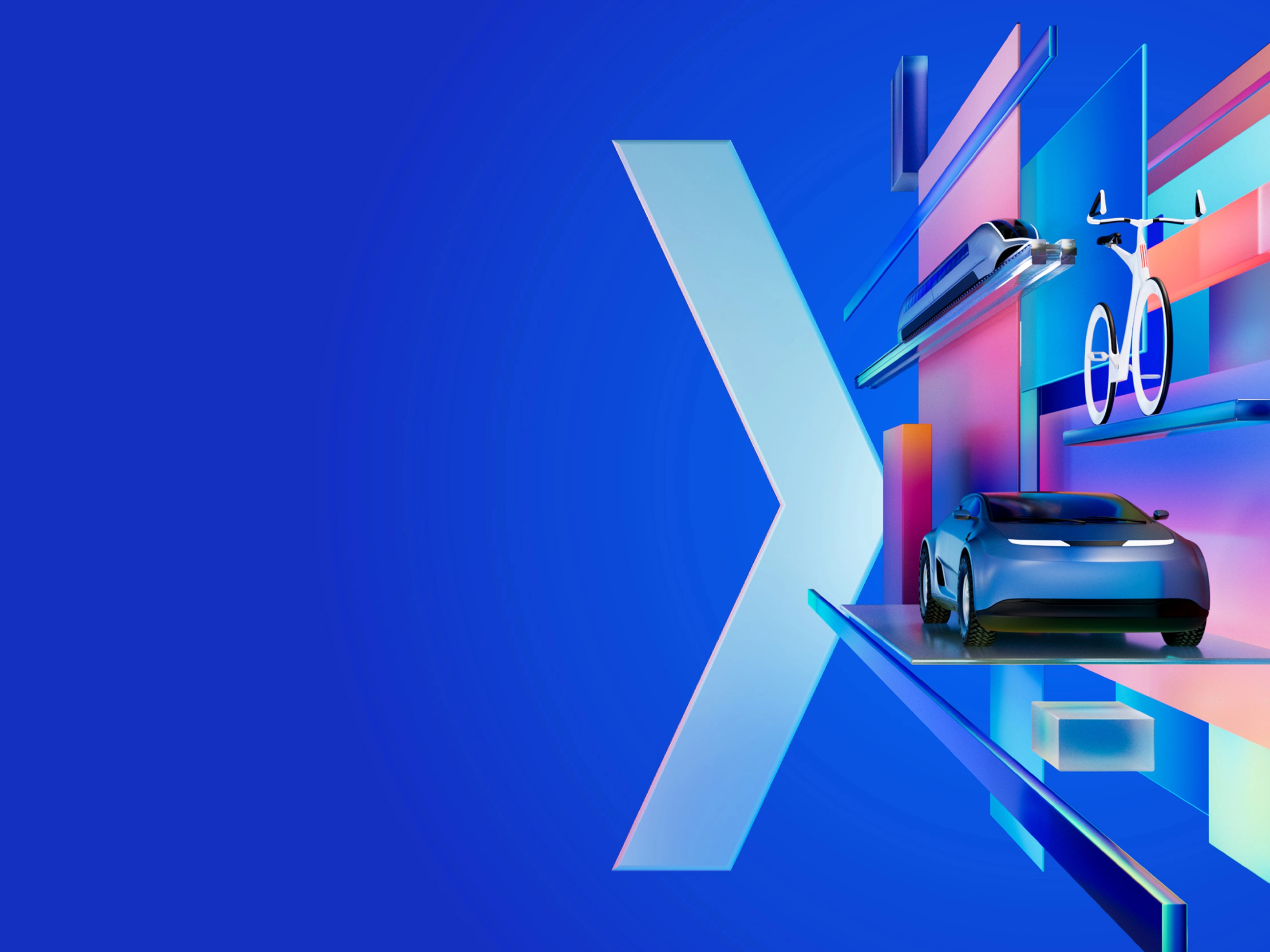 Futuristische digitale Grafik mit Auto, Drohne und Radfahrer zwischen bunten geometrischen Formen auf blauem Hintergrund, symbolisiert das Thema der IAA MOBILITY 2025.