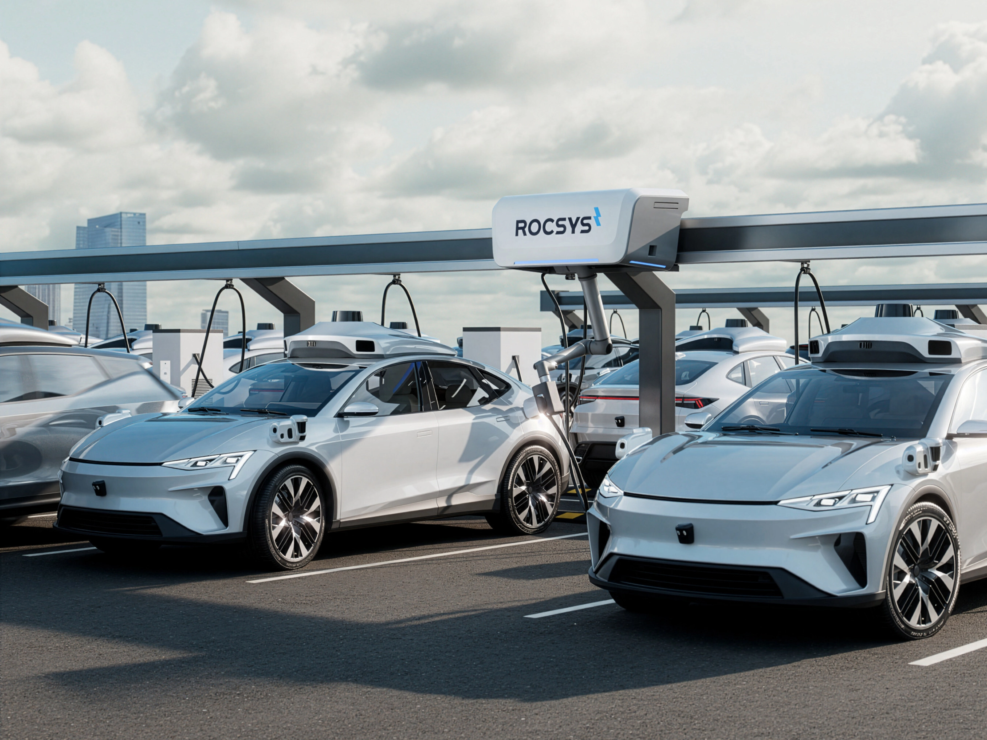 Electric cars charging automatically at a Rocsys robotic station.