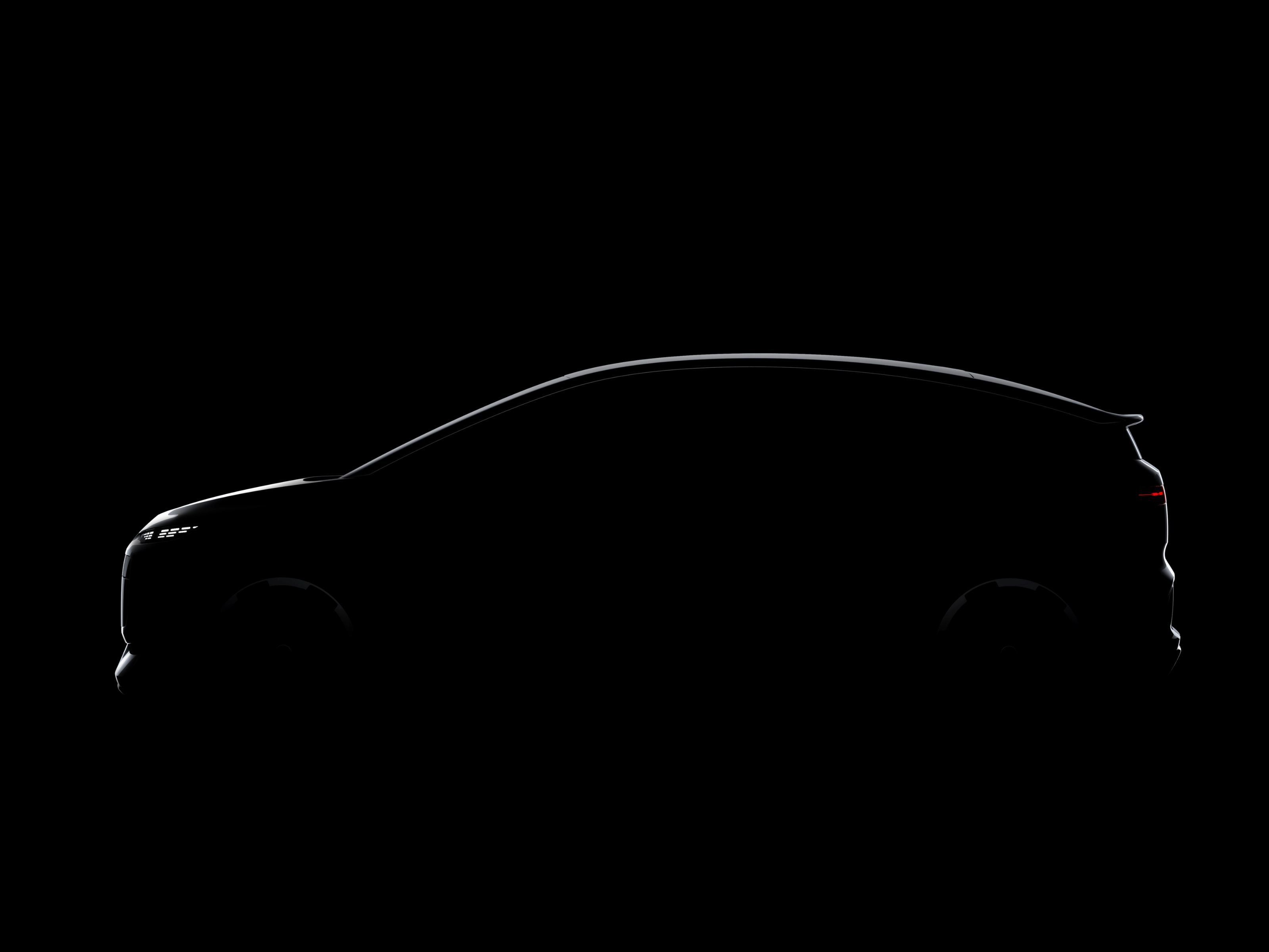 Autosilhouette aus dünnen Lichtlinien auf schwarzem Hintergrund.