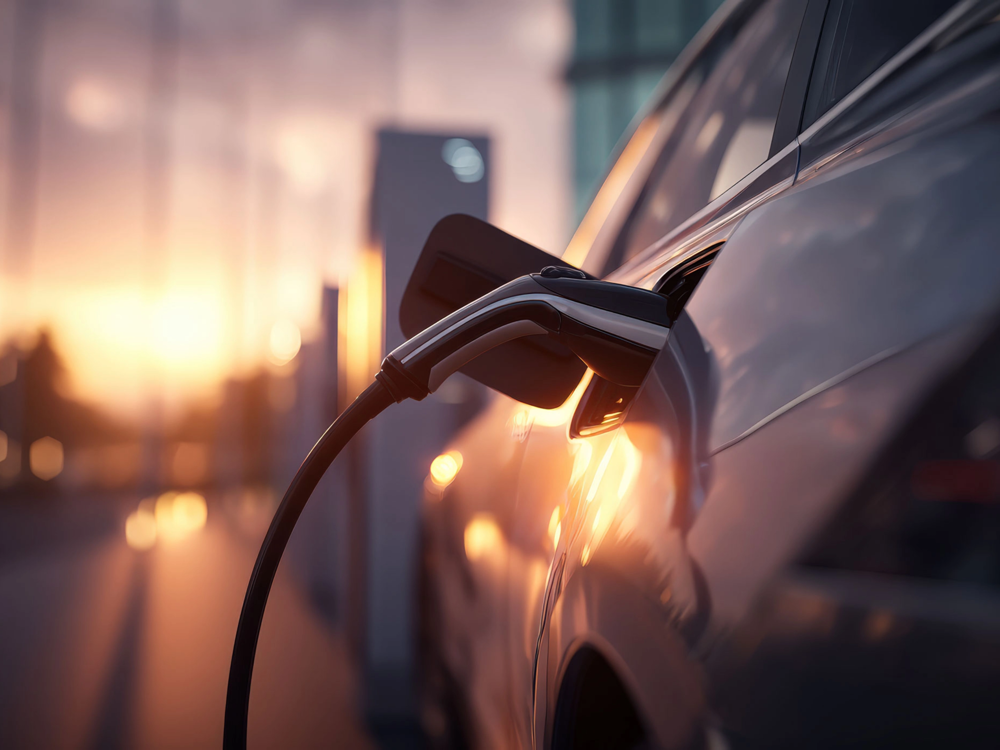 Electric car charging at station during sunset.