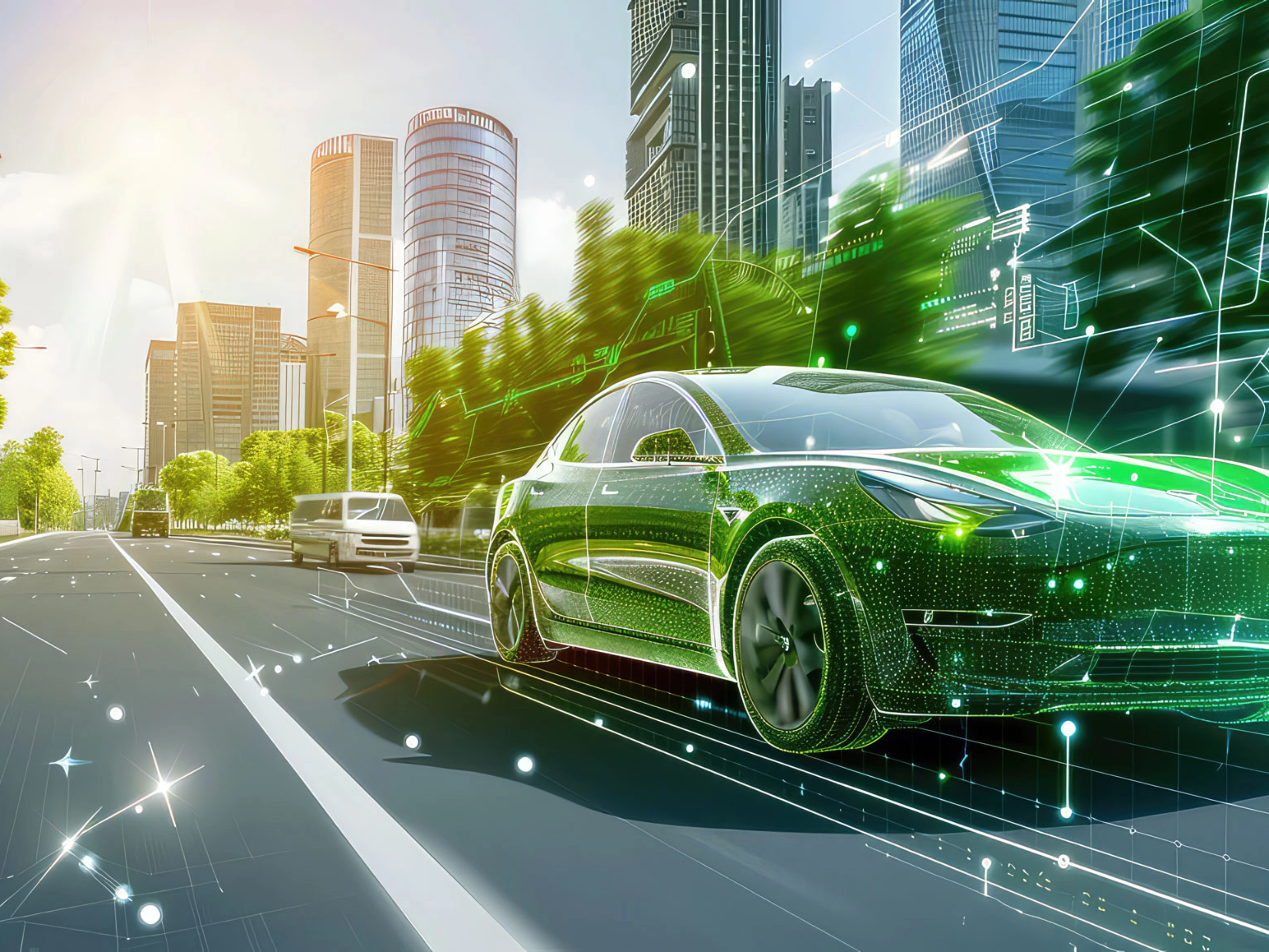 Ein futuristisches selbstfahrendes Auto mit digitalen Elementen fährt durch eine moderne Stadtstraße.