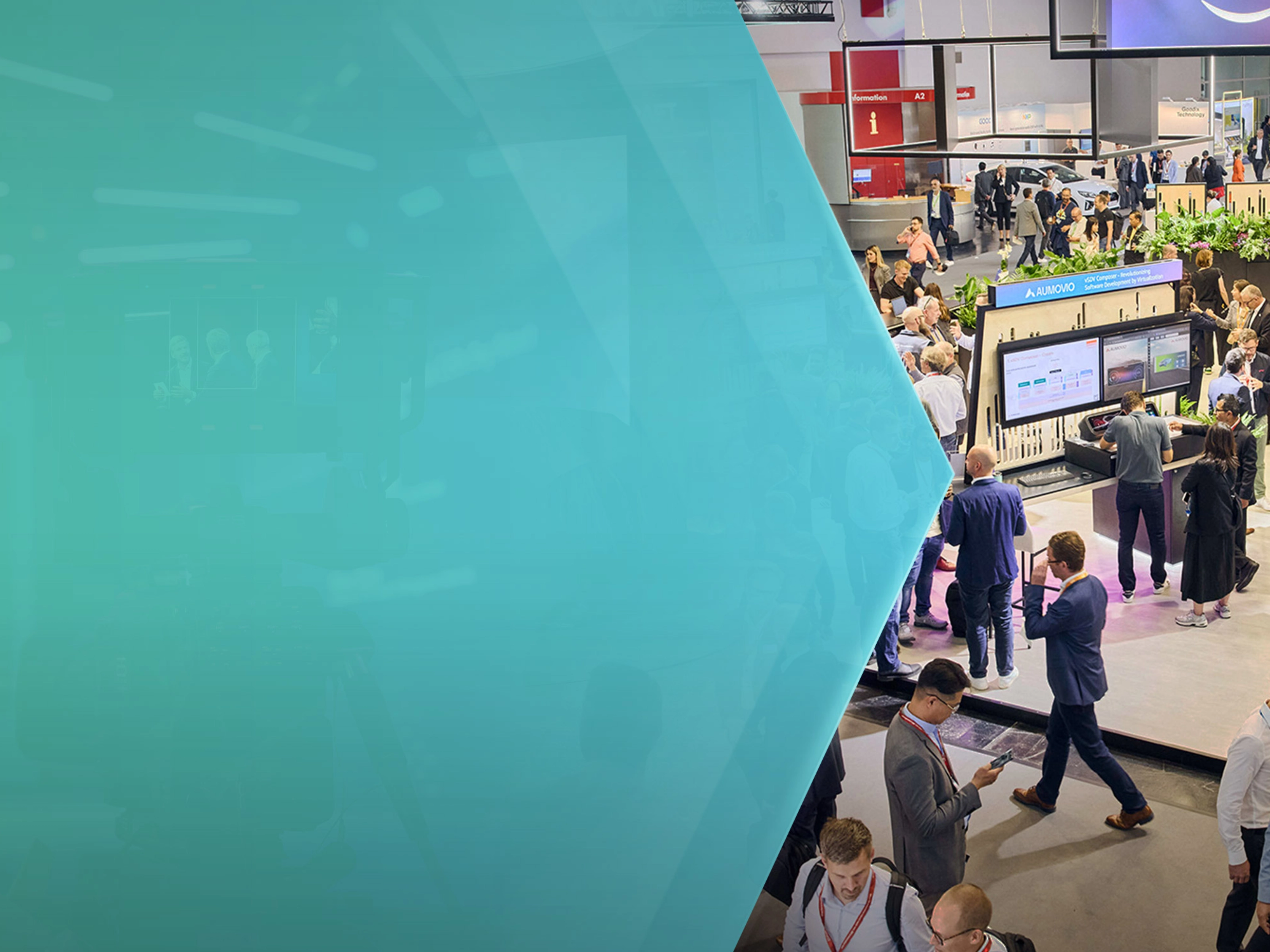 Visitors networking and viewing displays at a busy trade show exhibition hall.