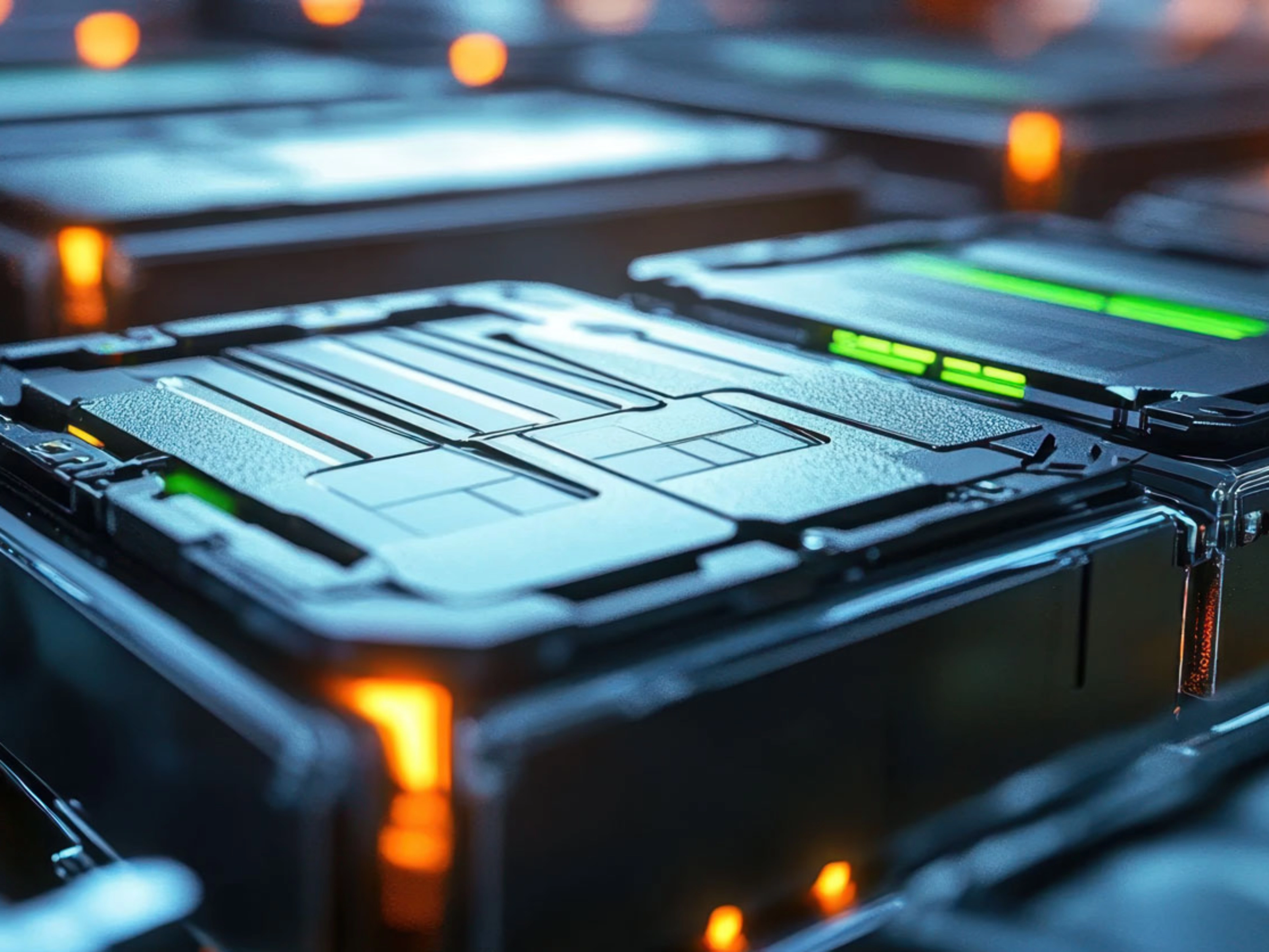 Nahaufnahme moderner Batteriemodule für Elektroautos in einer Produktionsumgebung.