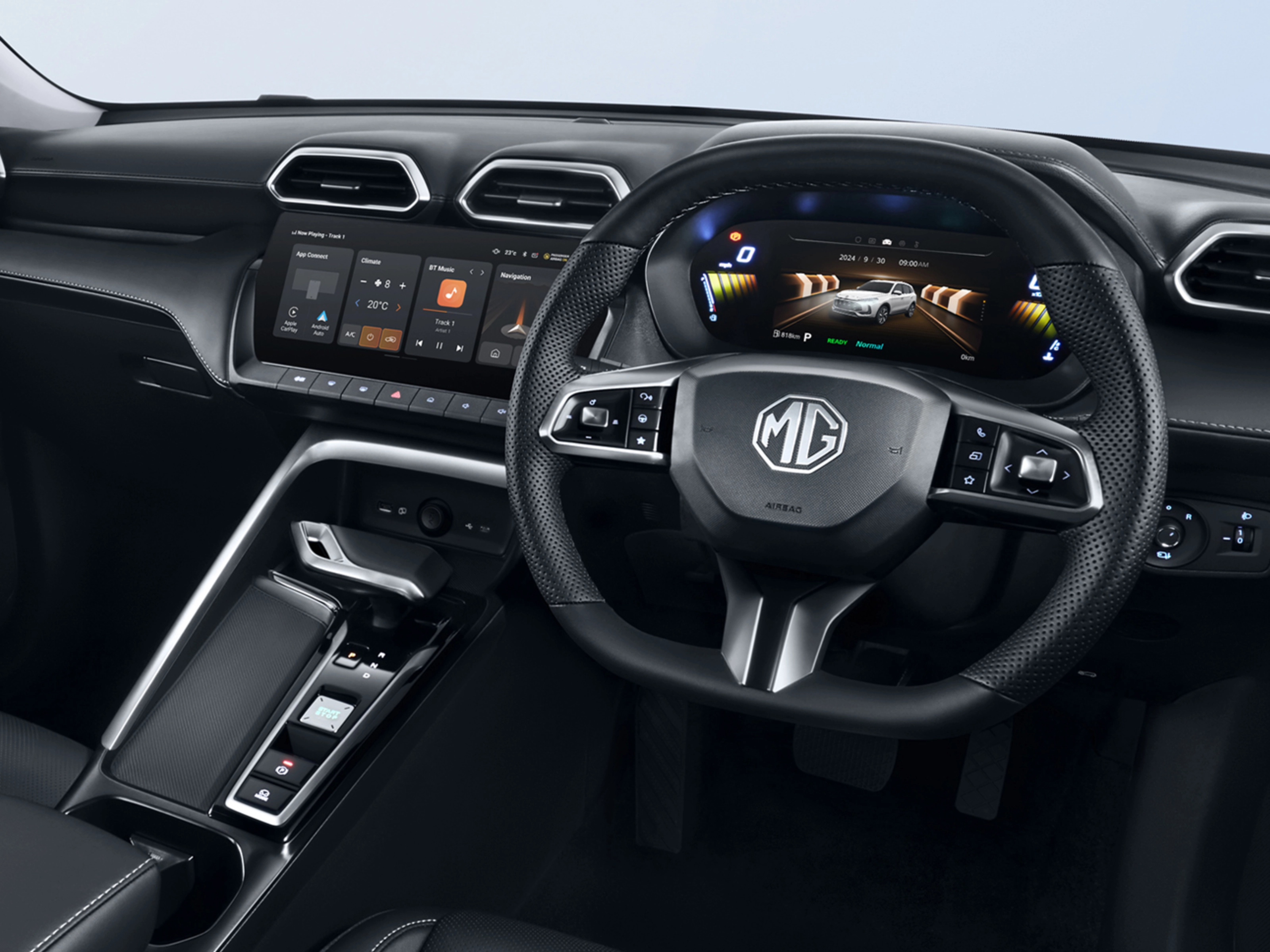 Innenraum eines MG Fahrzeugs mit digitalem Cockpit, Lenkrad und zentralem Touchscreen.