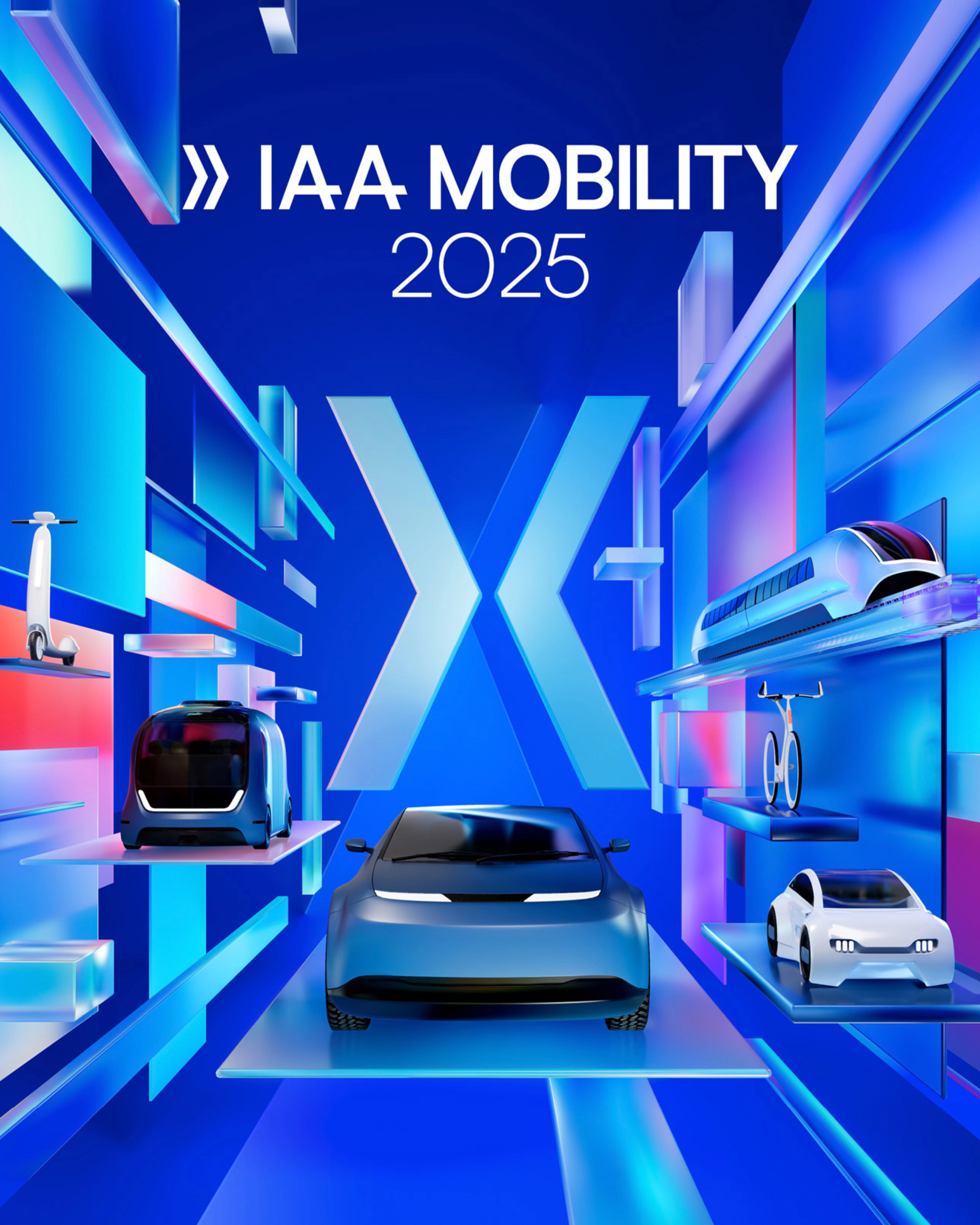 Futuristic key visual for IAA MOBILITY 2025 showing a digital 3D environment with car, bike, train, shuttle and scooter in bright neon colors.