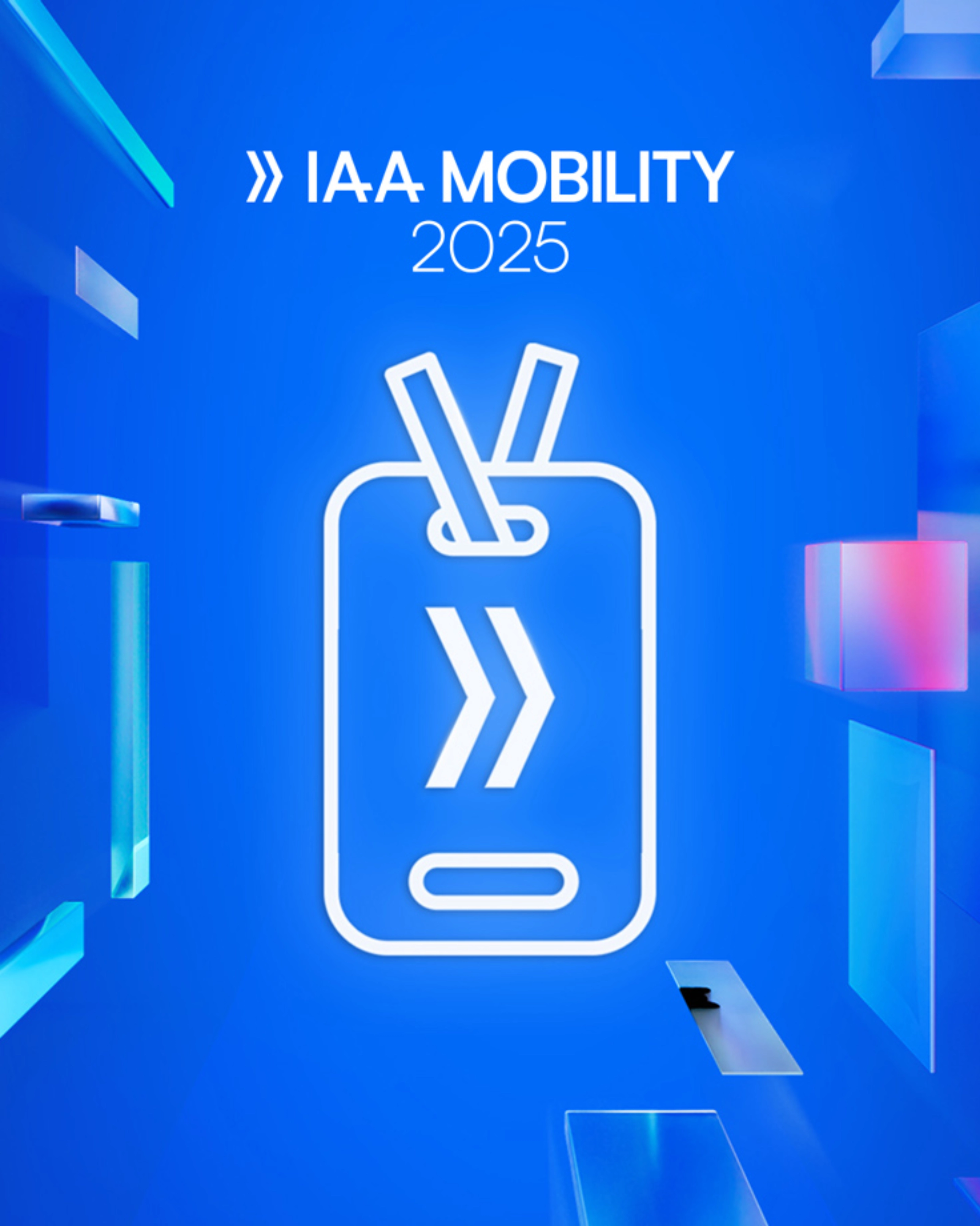 Promotional graphic for IAA Mobility 2025 featuring a stylized ticket icon on a glowing blue background with floating translucent shapes.