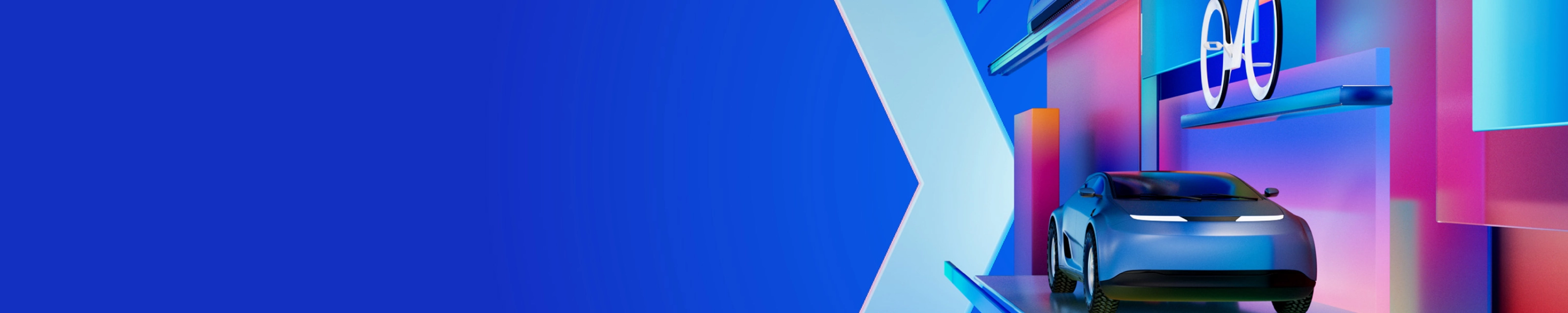Futuristische digitale Grafik mit Auto, Drohne und Radfahrer zwischen bunten geometrischen Formen auf blauem Hintergrund, symbolisiert das Thema der IAA MOBILITY 2025.