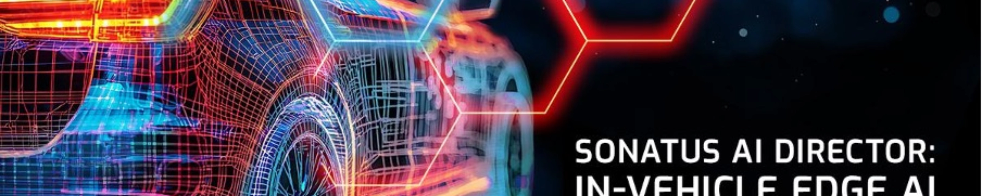 Digital rendering of a car with neon lines, promoting Sonatus AI Director for in-vehicle edge AI.