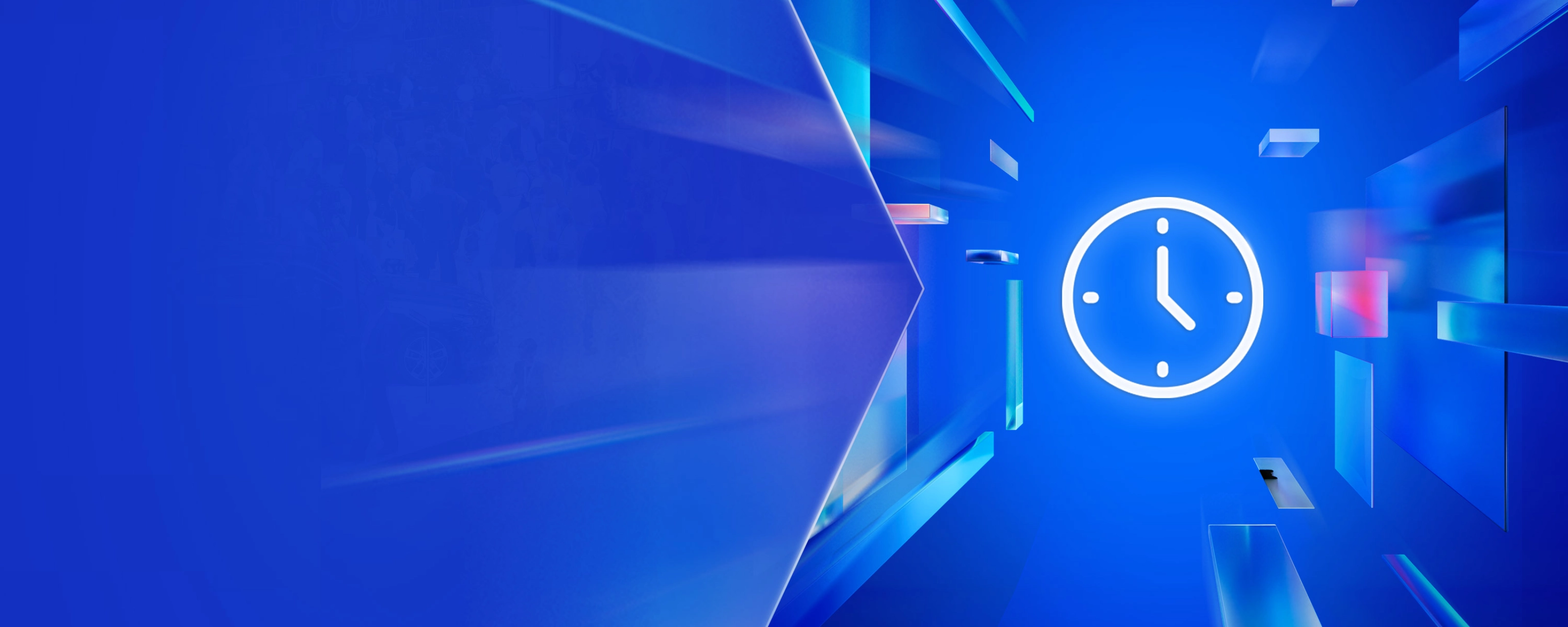 Glowing clock icon on a blue digital background with abstract 3D elements.