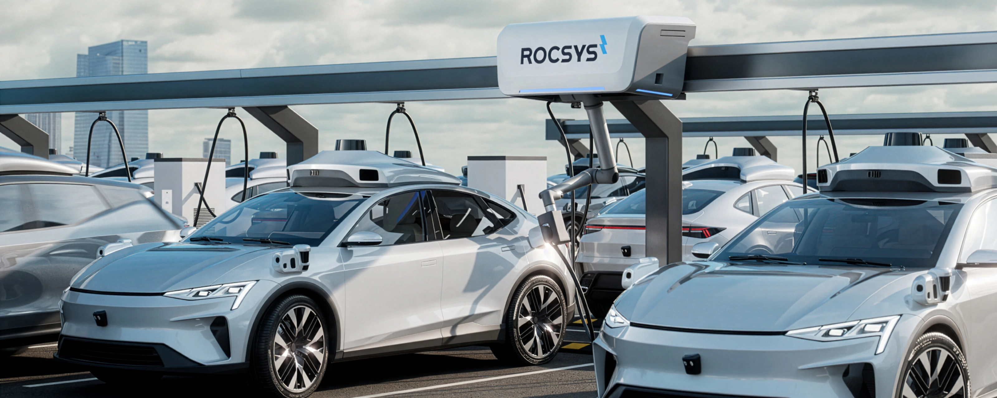 Electric cars charging automatically at a Rocsys robotic station.