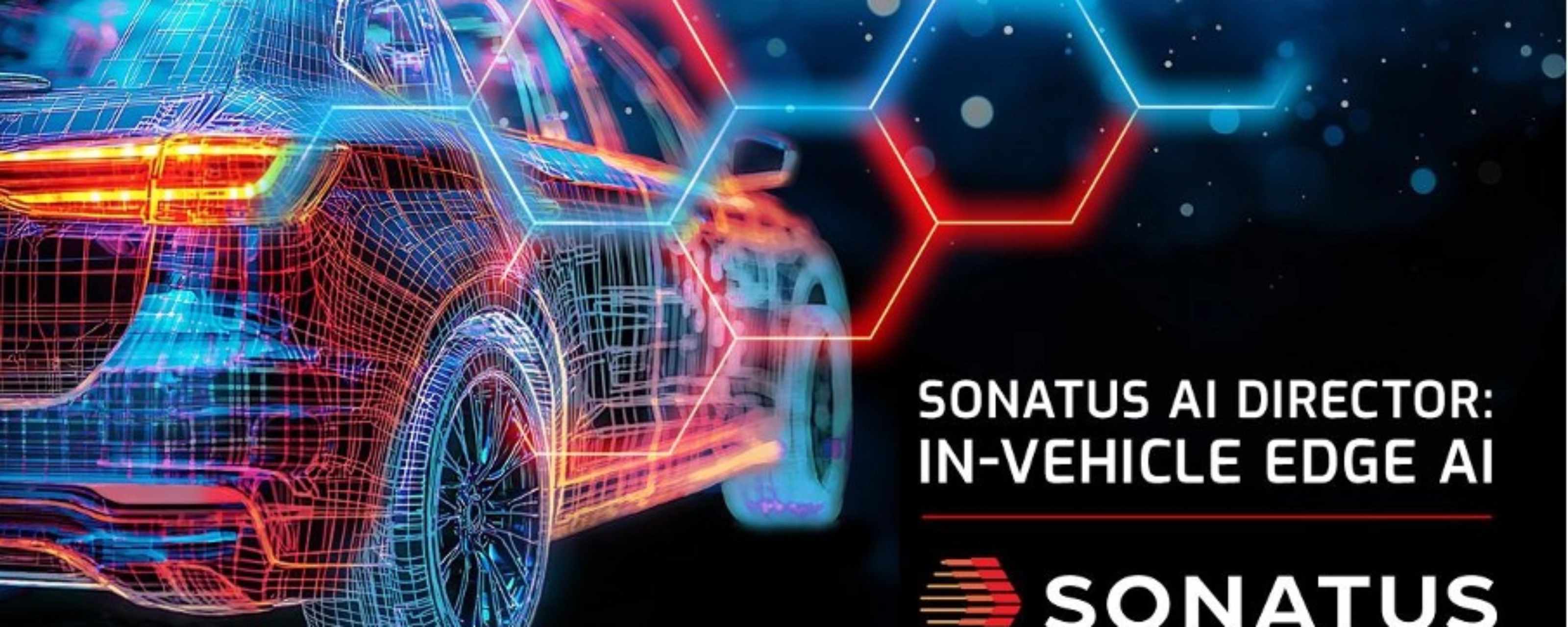 Digital rendering of a car with neon lines, promoting Sonatus AI Director for in-vehicle edge AI.