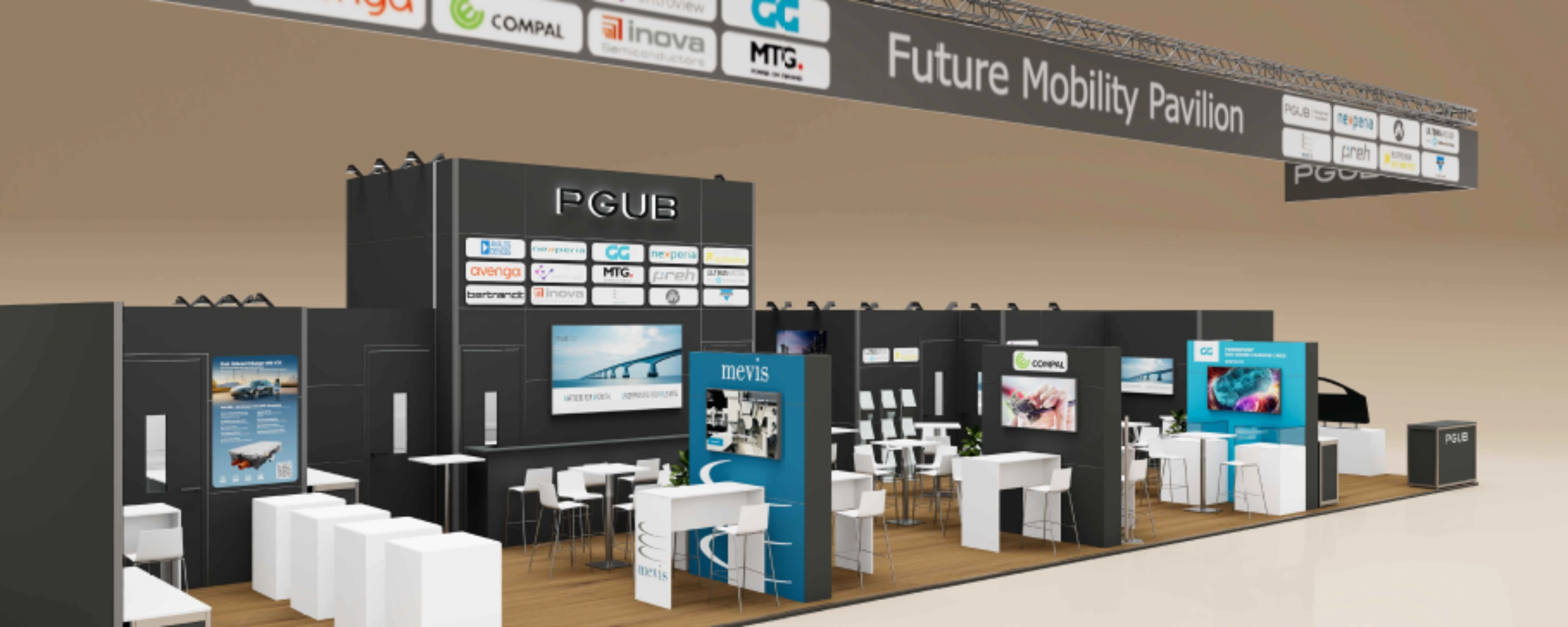Exhibition booth labeled "Future Mobility Pavilion" with multiple company displays and seating areas.