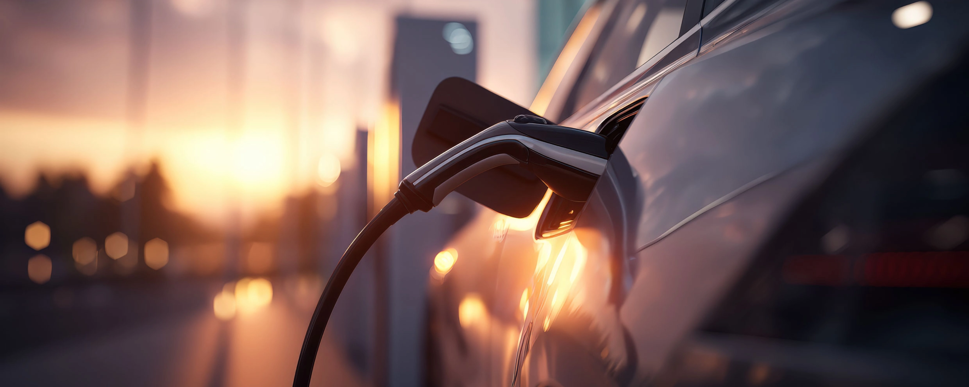 Electric car charging at station during sunset.