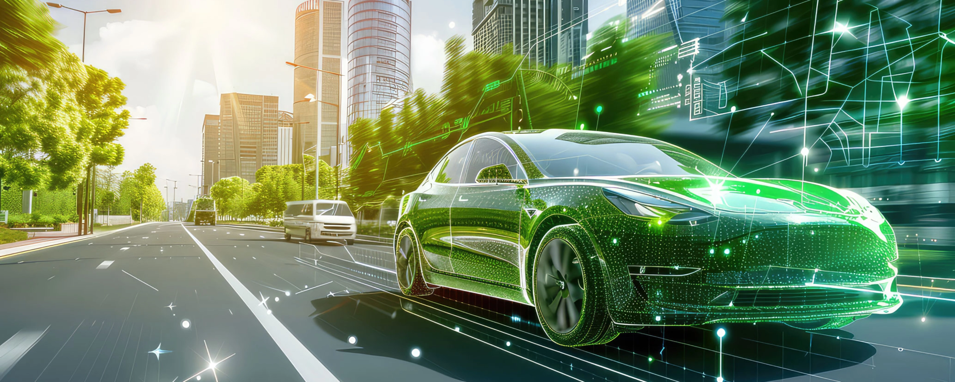 Ein futuristisches selbstfahrendes Auto mit digitalen Elementen fährt durch eine moderne Stadtstraße.