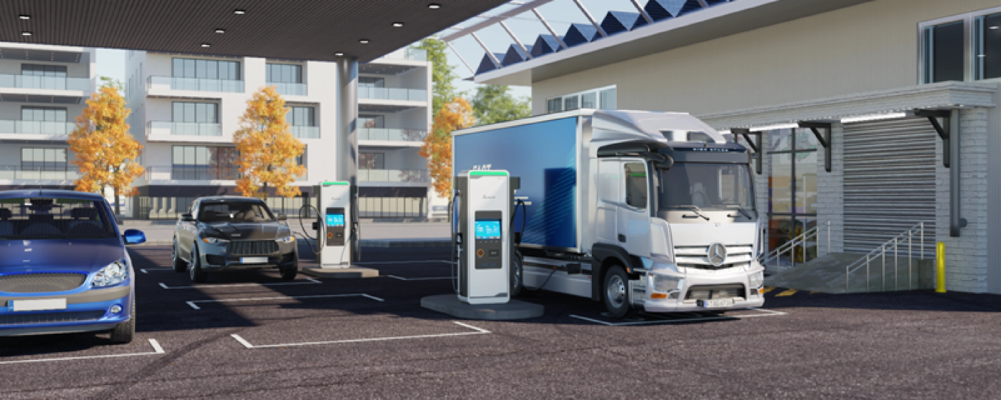 Electric cars and a truck charge at a covered EV charging station near a modern building.