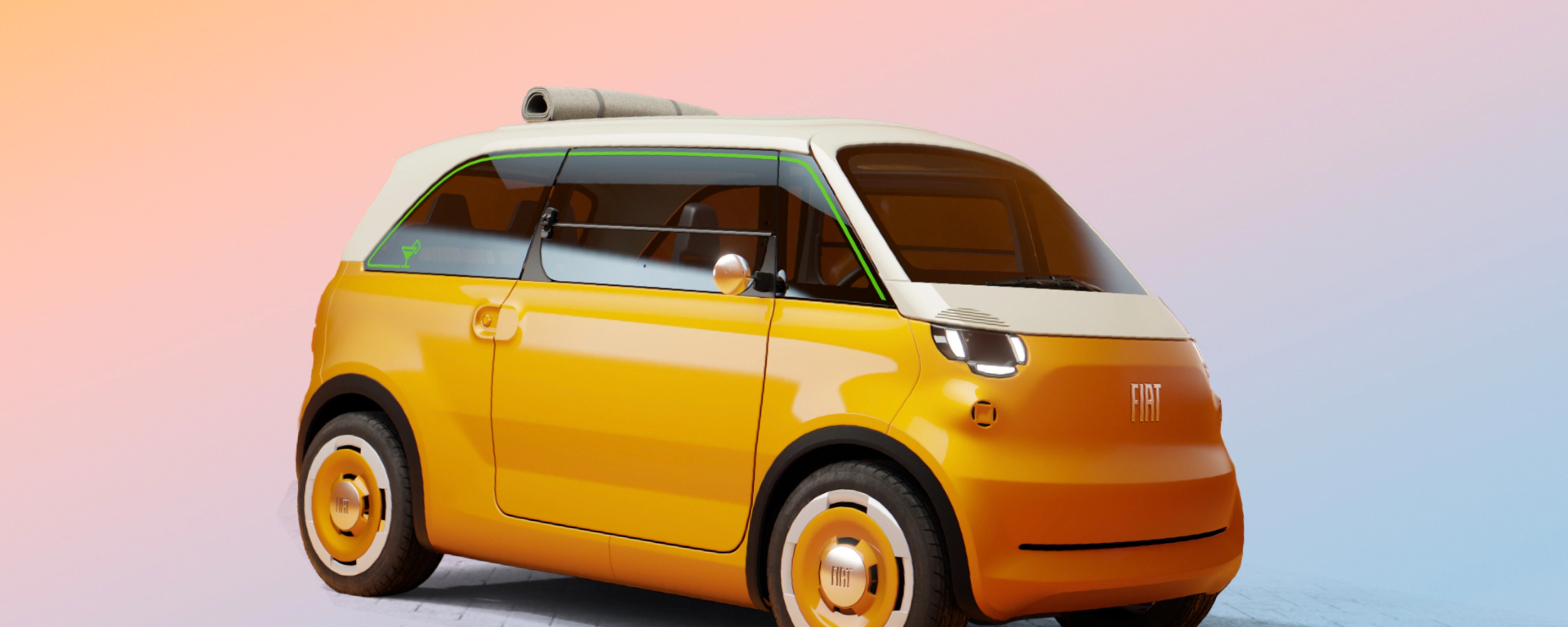 Kompaktes gelbes Konzeptauto in Vorderseitenansicht vor schlichtem Hintergrund.