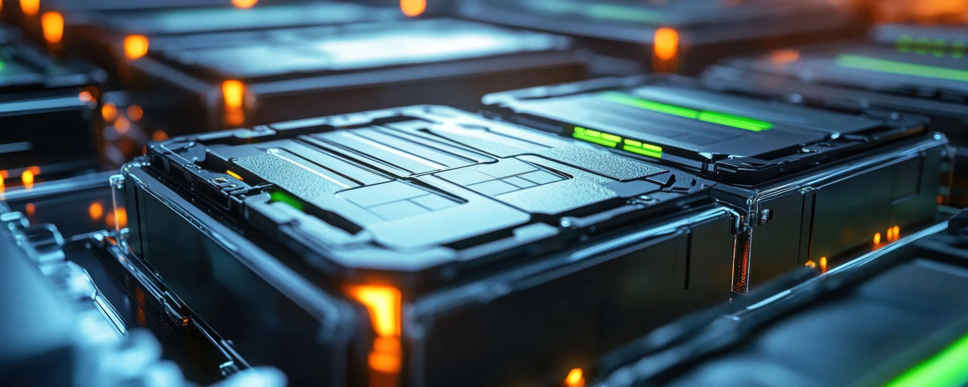 Nahaufnahme moderner Batteriemodule für Elektroautos in einer Produktionsumgebung.