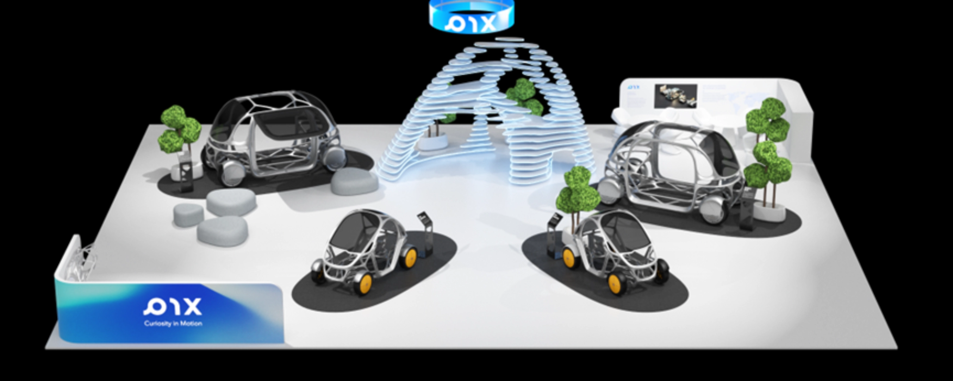 Messestand mit futuristischen Minifahrzeugen, Lichtkuppel und digitalen Anzeigen.
