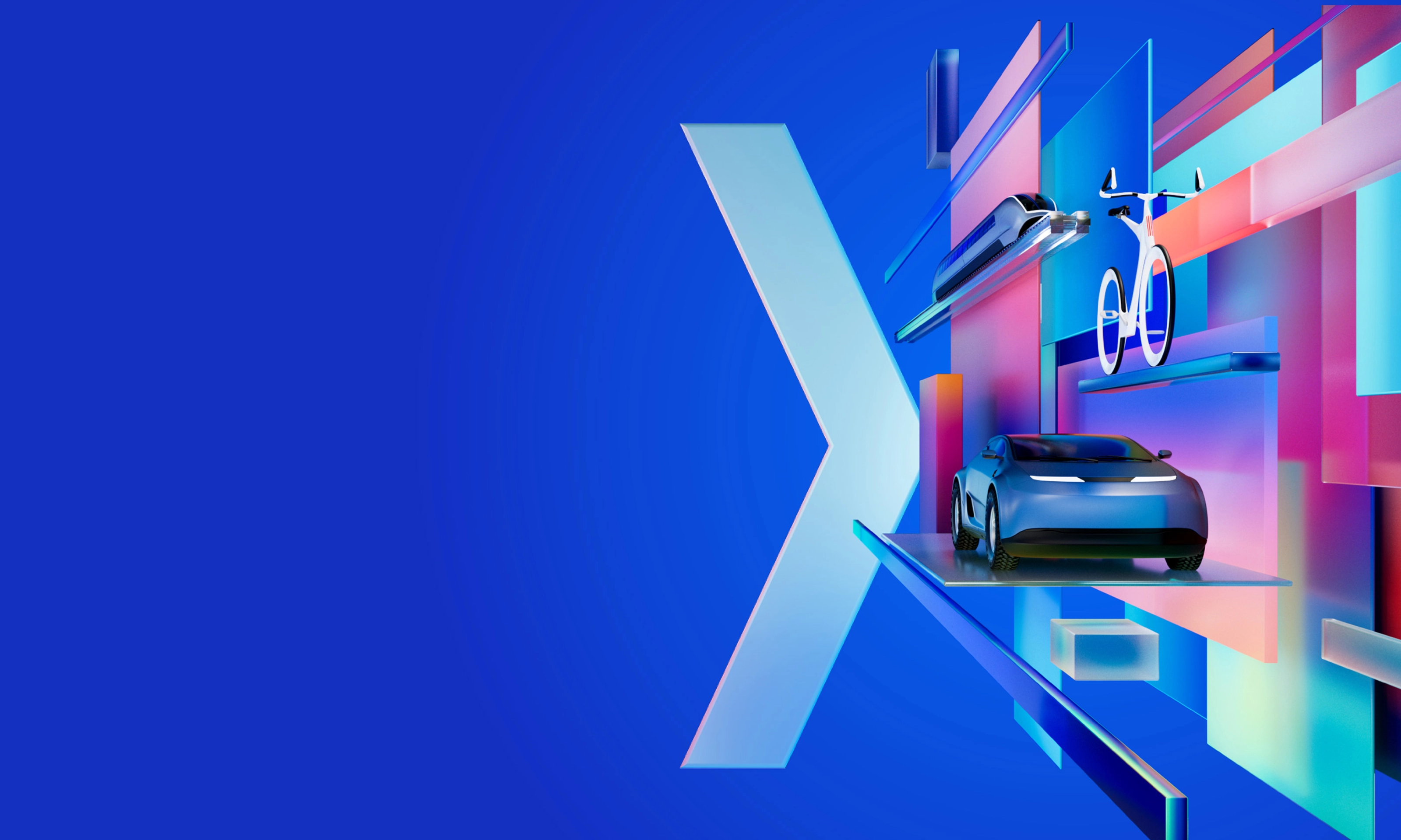 Futuristische digitale Grafik mit Auto, Drohne und Radfahrer zwischen bunten geometrischen Formen auf blauem Hintergrund, symbolisiert das Thema der IAA MOBILITY 2025.
