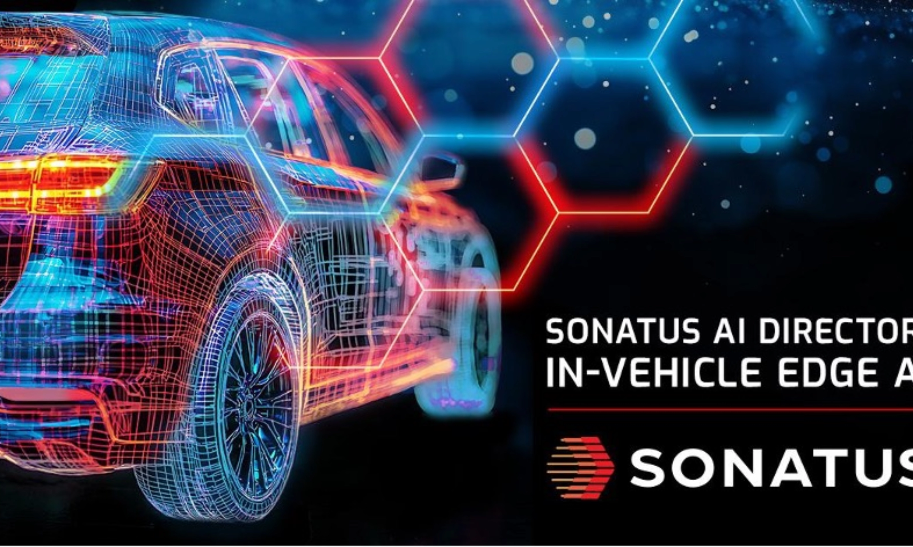 Digital rendering of a car with neon lines, promoting Sonatus AI Director for in-vehicle edge AI.