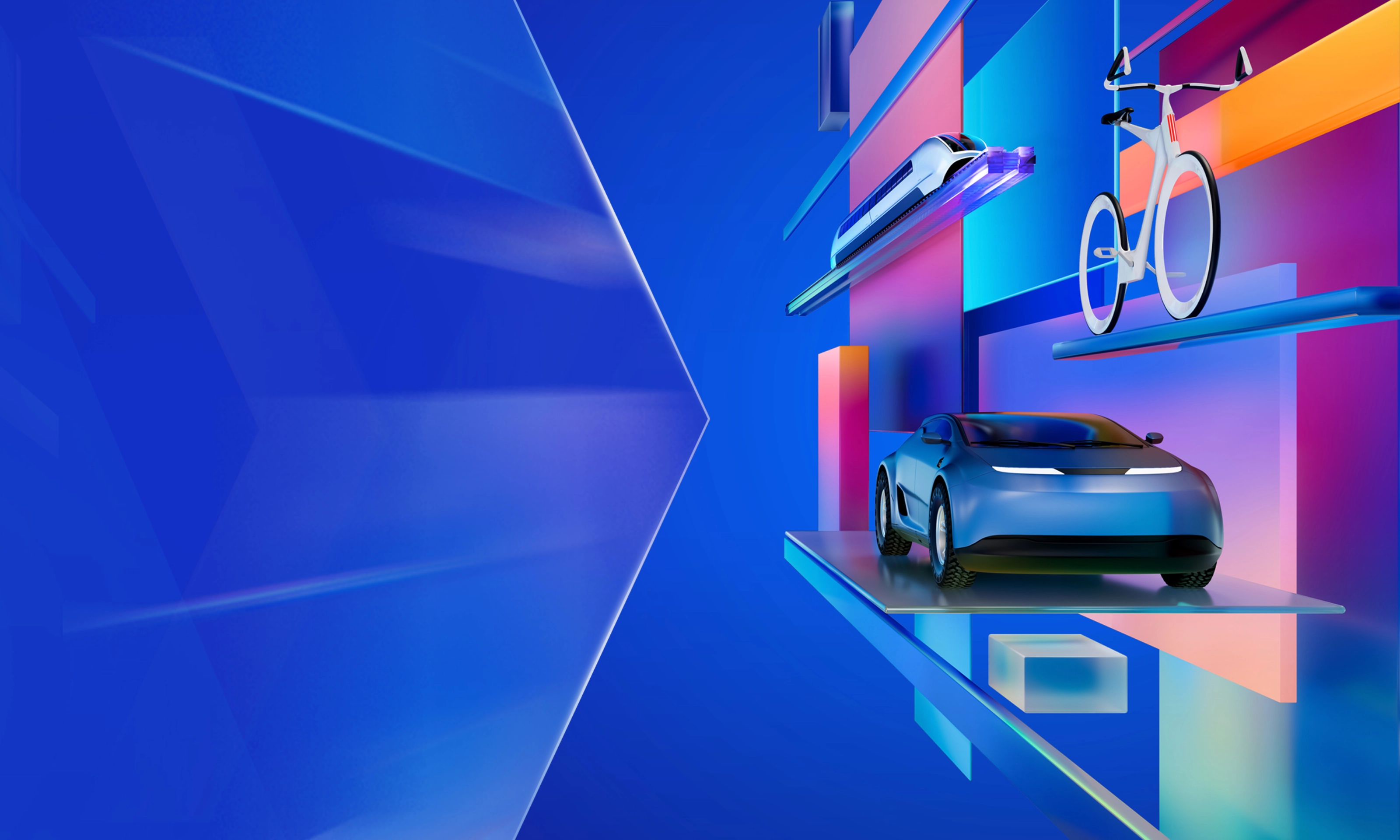 Futuristic 3D illustration of different mobility concepts including a bicycle, a train, and an electric car on a blue background with colorful light effects.