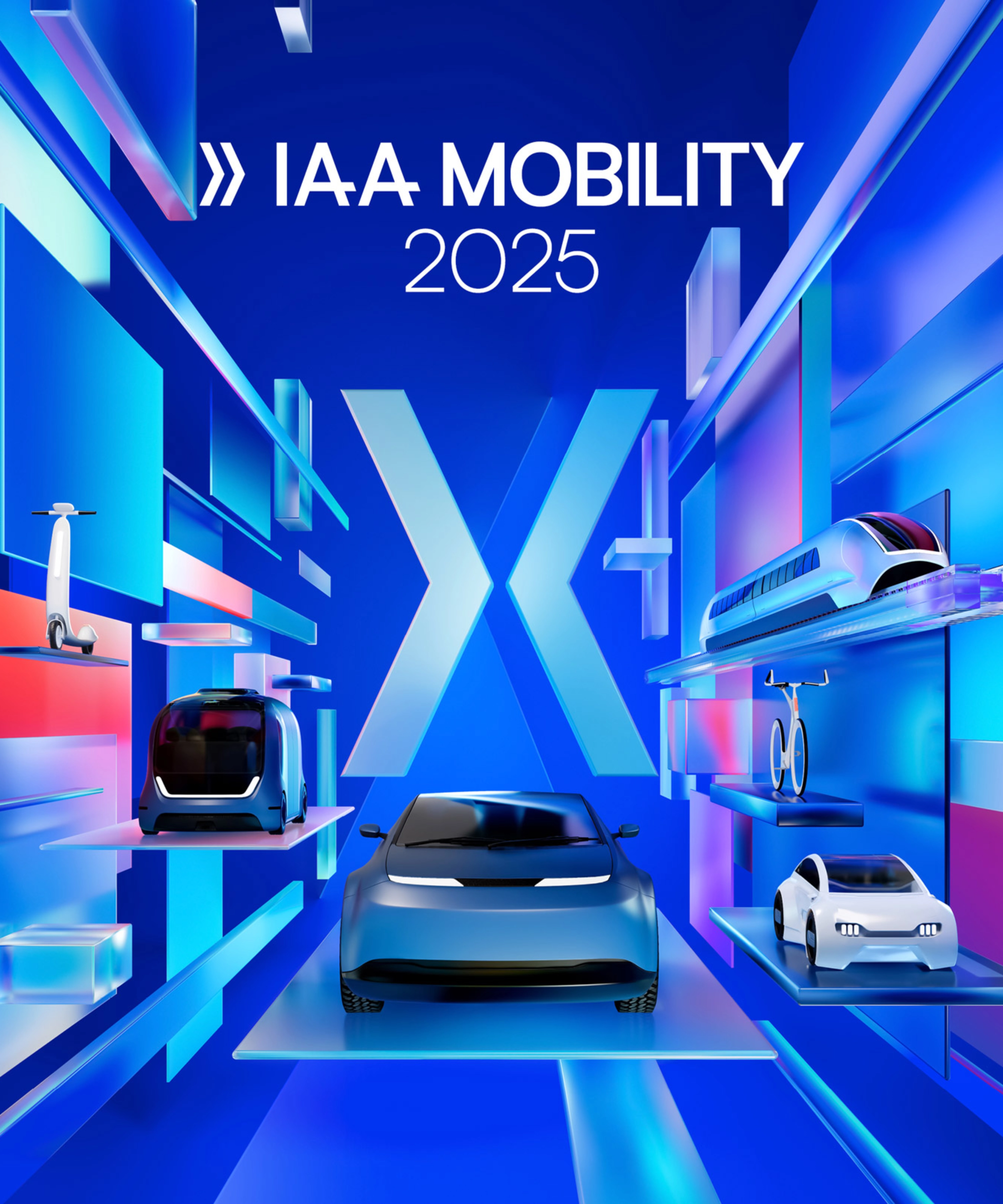 Futuristic key visual for IAA MOBILITY 2025 showing a digital 3D environment with car, bike, train, shuttle and scooter in bright neon colors.