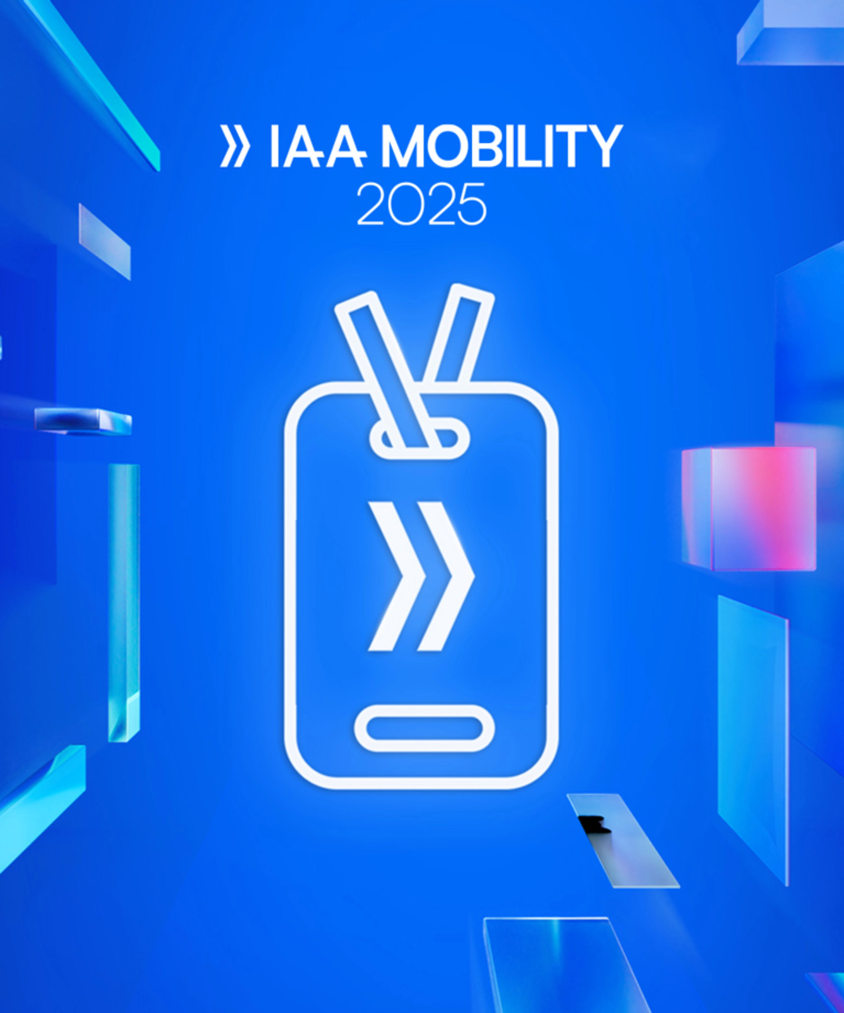Promotional graphic for IAA Mobility 2025 featuring a stylized ticket icon on a glowing blue background with floating translucent shapes.