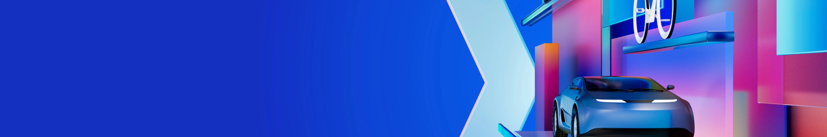 Futuristische digitale Grafik mit Auto, Drohne und Radfahrer zwischen bunten geometrischen Formen auf blauem Hintergrund, symbolisiert das Thema der IAA MOBILITY 2025.