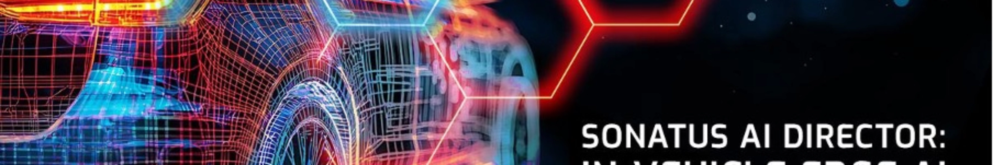 Digital rendering of a car with neon lines, promoting Sonatus AI Director for in-vehicle edge AI.