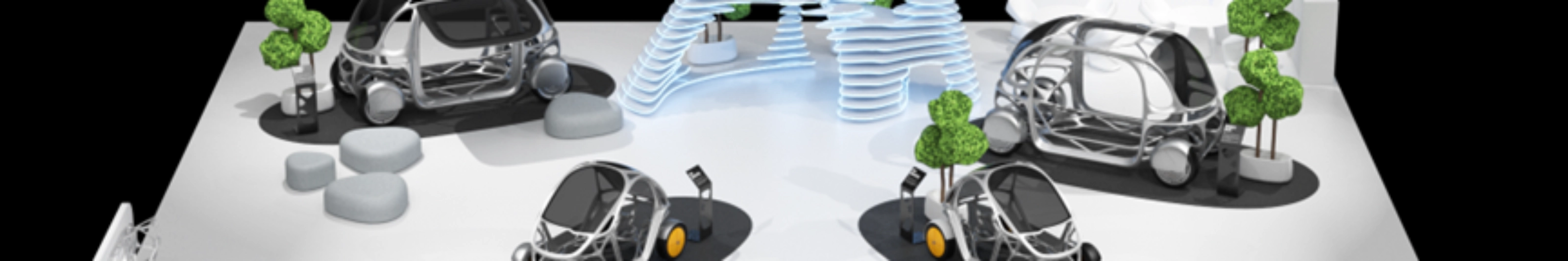 Messestand mit futuristischen Minifahrzeugen, Lichtkuppel und digitalen Anzeigen.