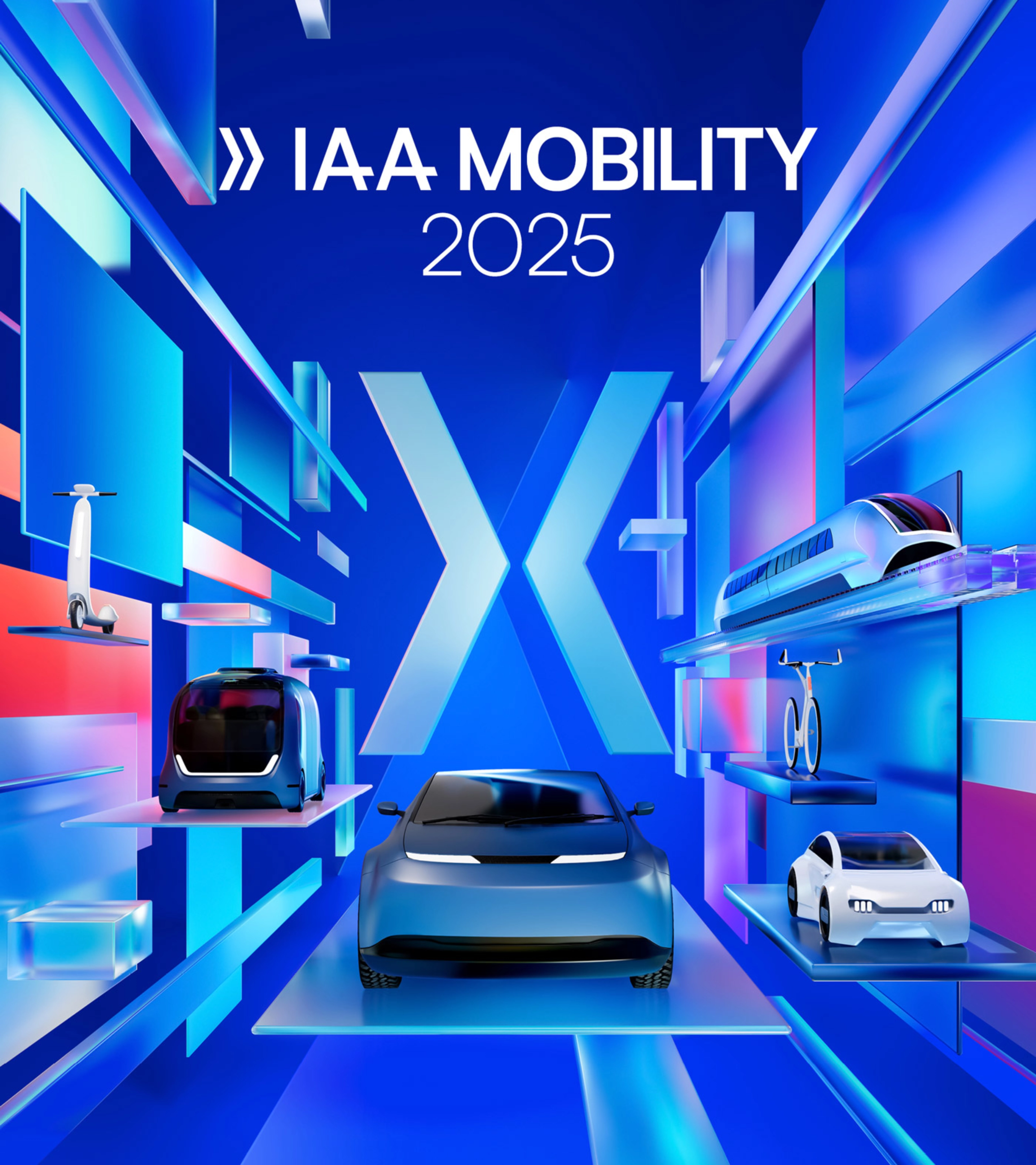 Futuristic key visual for IAA MOBILITY 2025 showing a digital 3D environment with car, bike, train, shuttle and scooter in bright neon colors.
