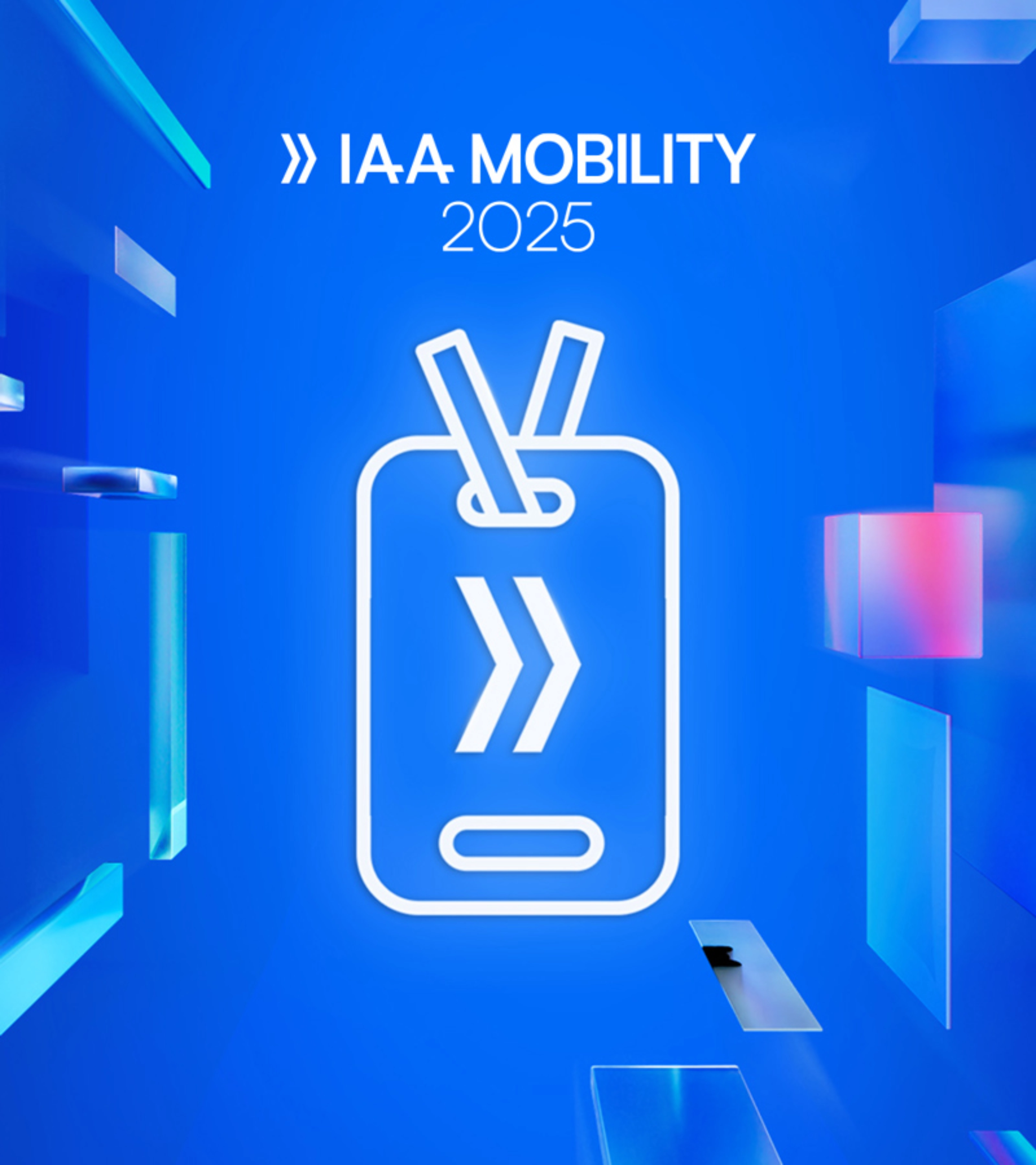 Promotional graphic for IAA Mobility 2025 featuring a stylized ticket icon on a glowing blue background with floating translucent shapes.