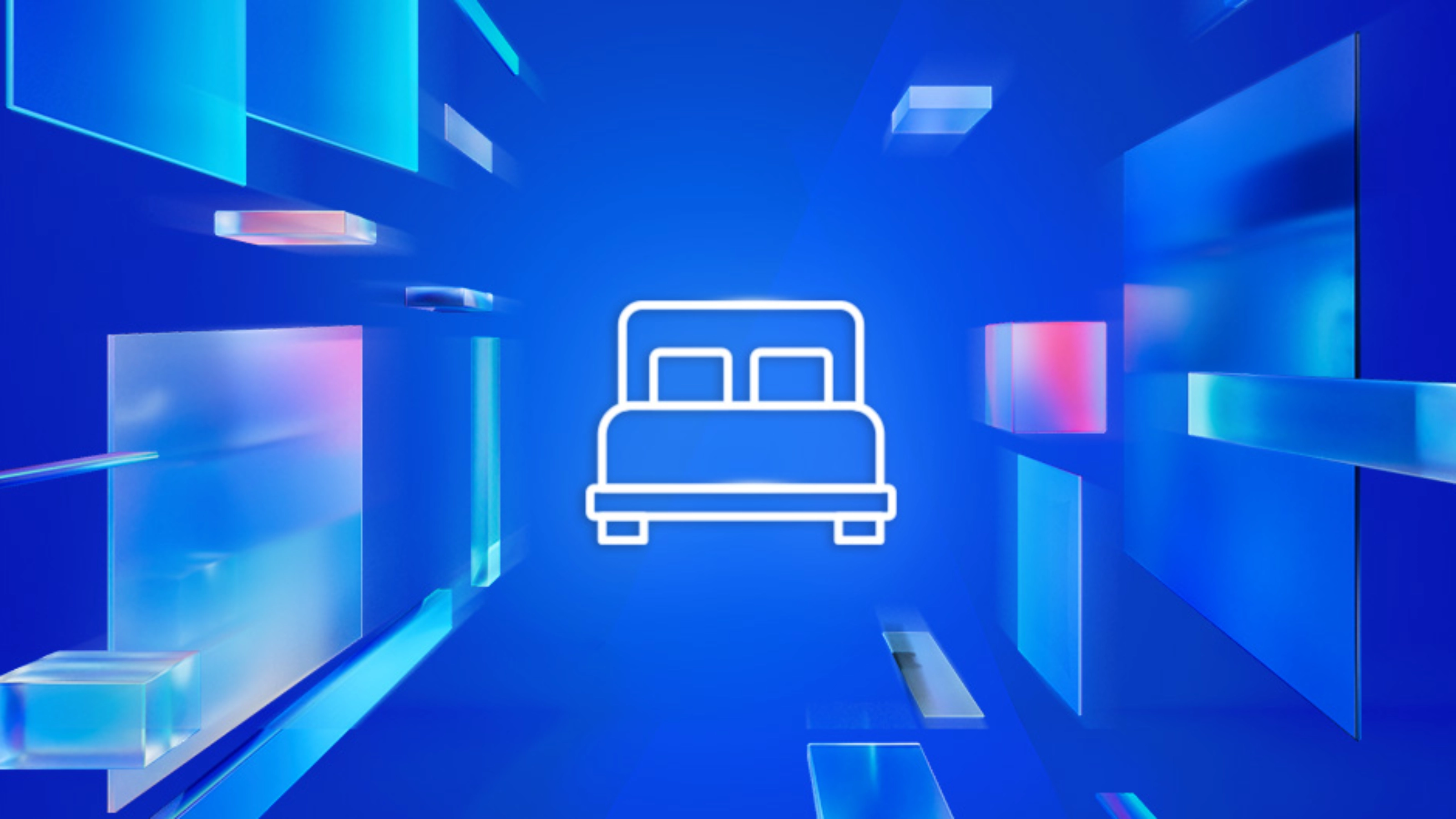 White bed icon on a blue futuristic background with glowing and transparent elements, representing accommodation options.