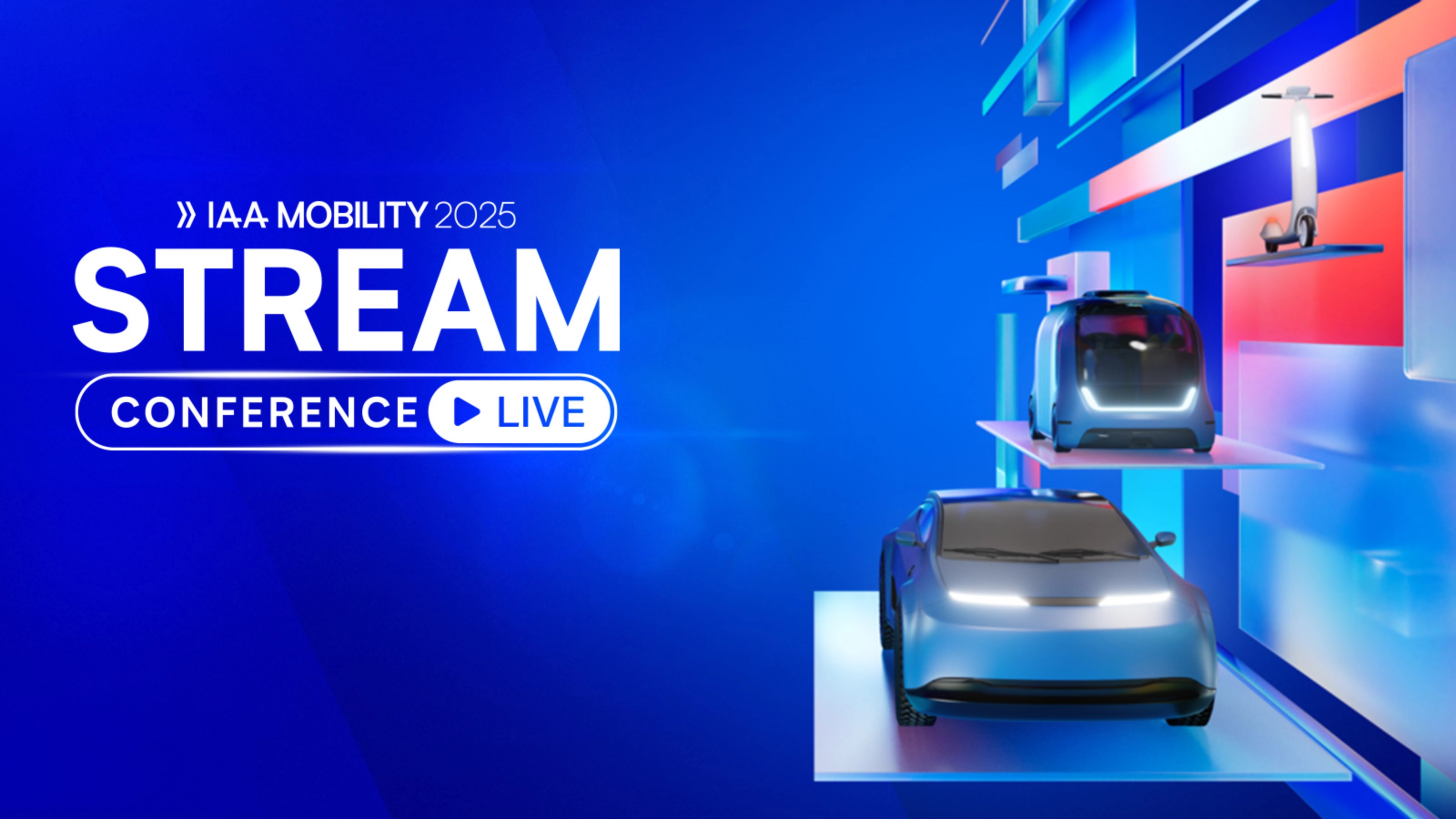 Visual for IAA Mobility 2025 livestream with futuristic vehicles and e-scooter.