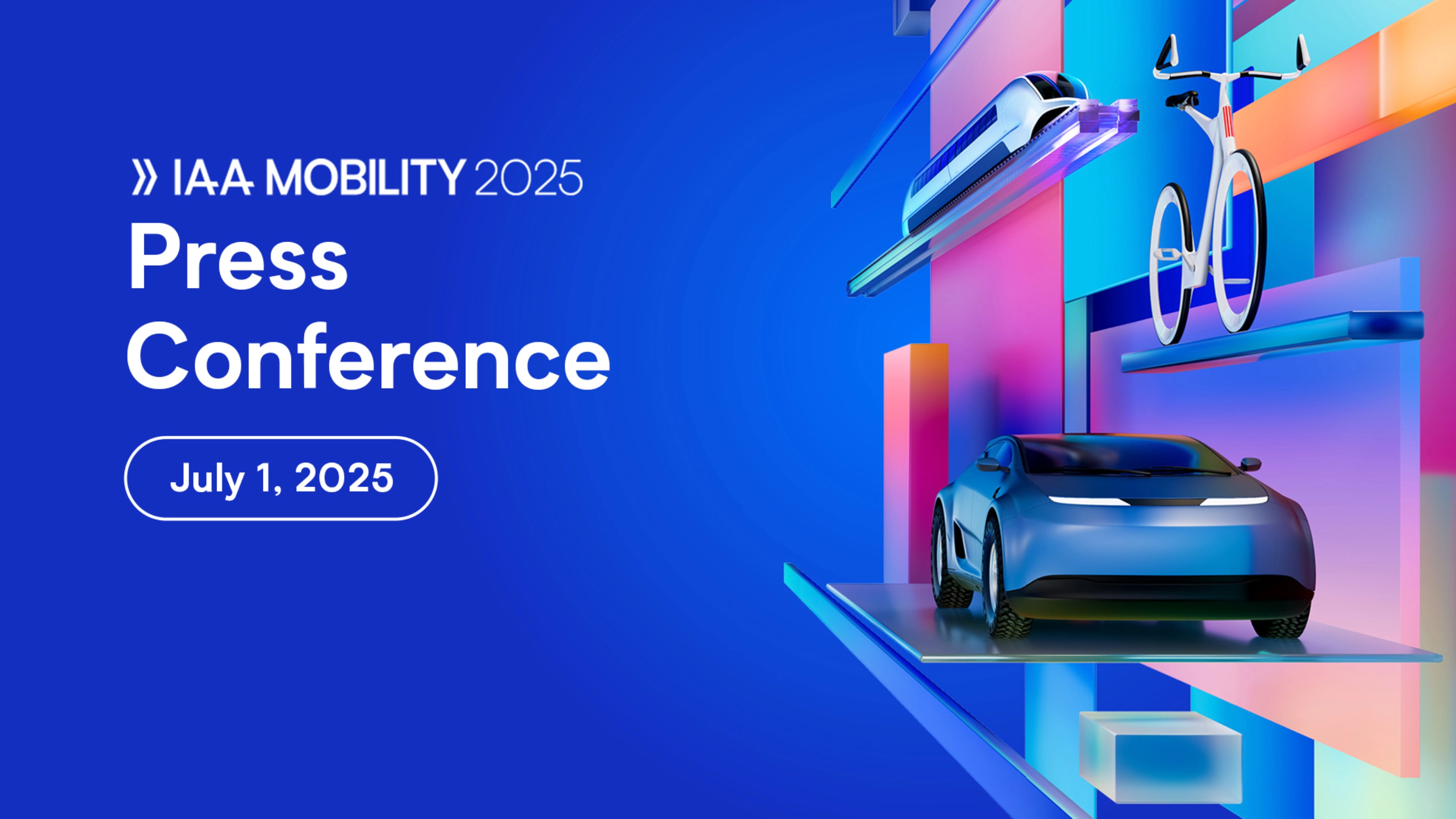 Graphic with text "IAA MOBILITY 2025 Press Conference, July 1, 2025" and futuristic transport.