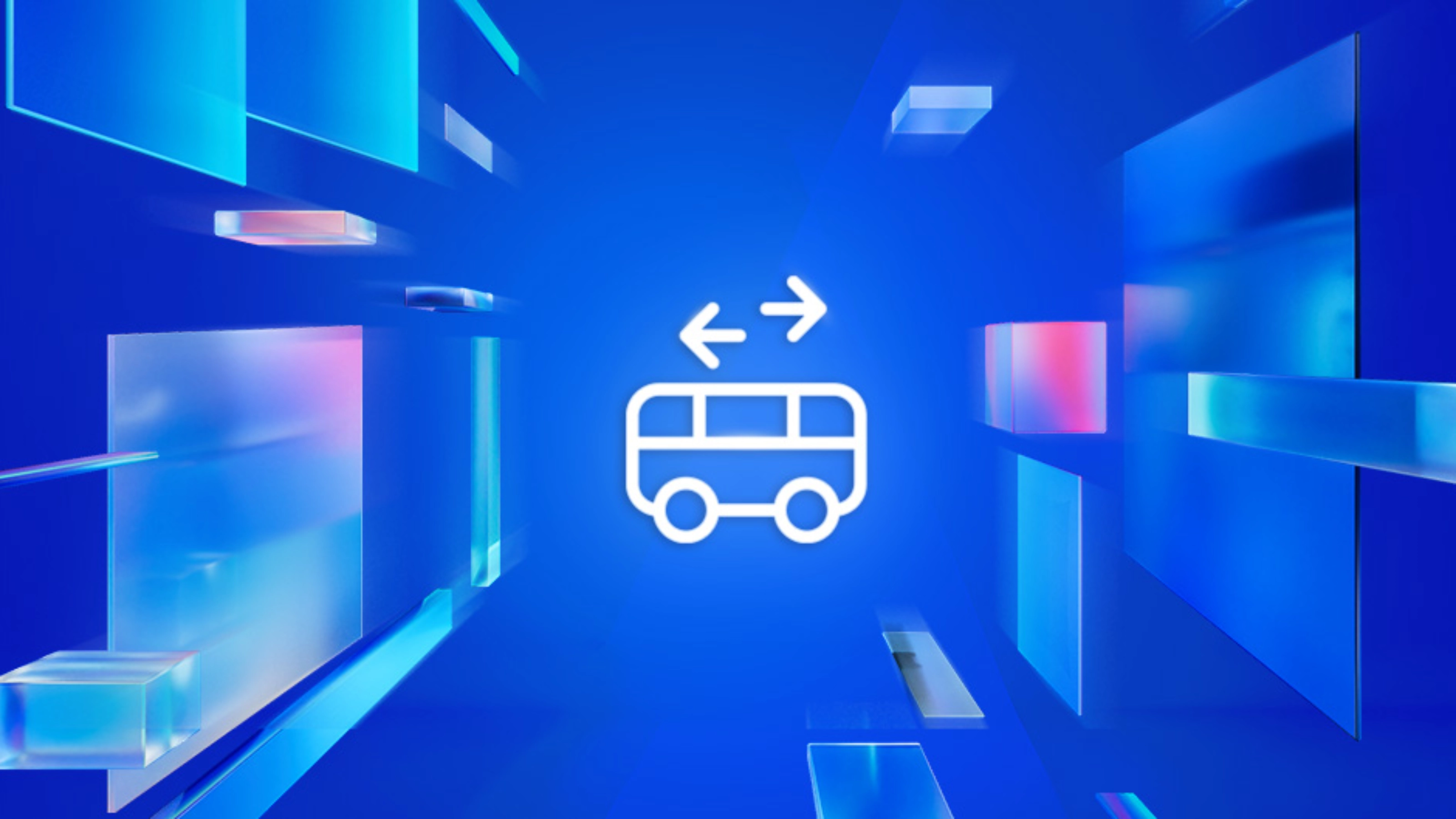 White shuttle bus icon with arrows on a blue digital background with translucent shapes, symbolizing arrival by shuttle bus.