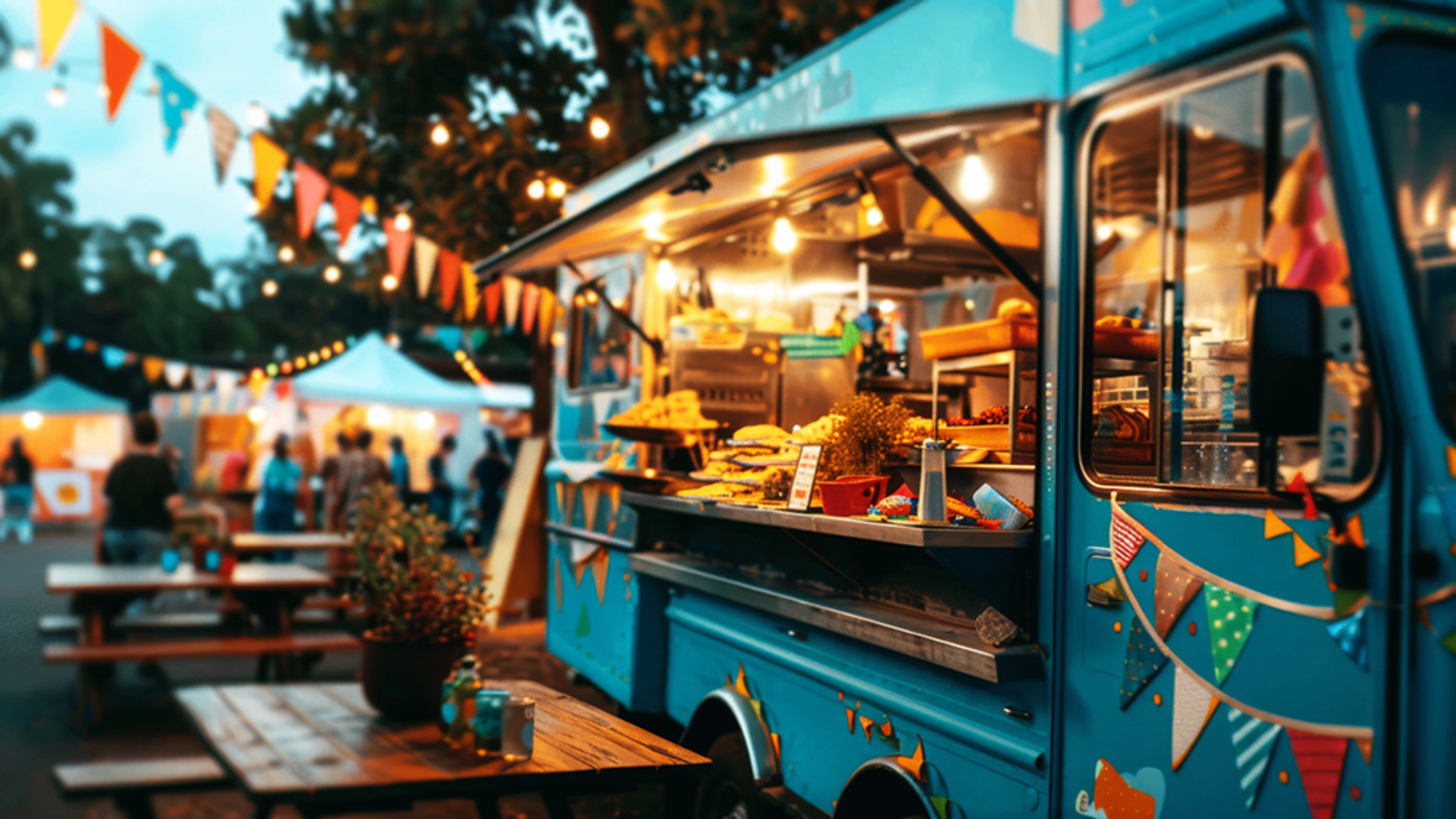 Blauer Foodtruck verkauft Snacks auf einem Abendmarkt mit Sitzbänken im Freien.