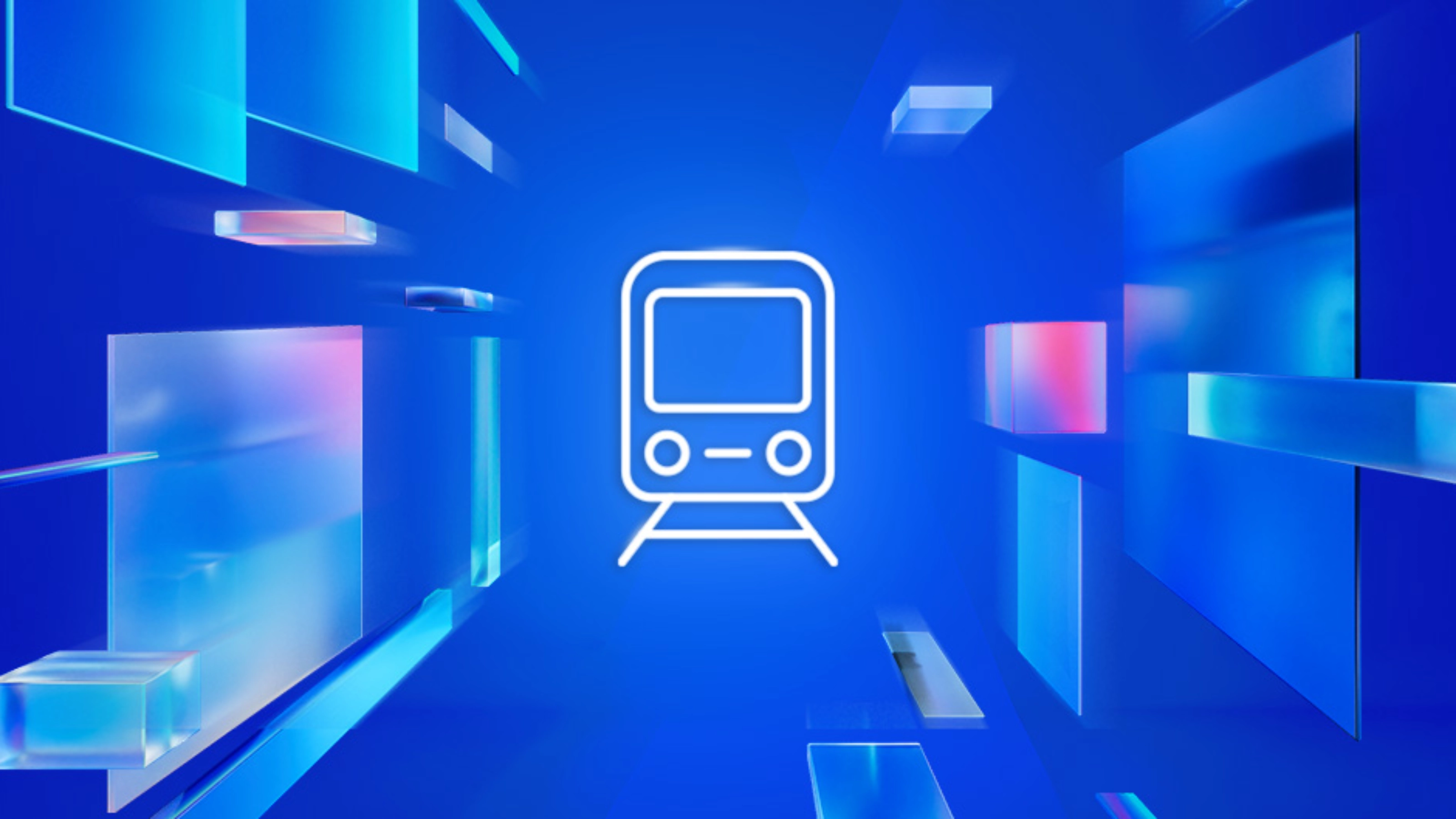 White train icon on a blue digital background with translucent floating shapes, symbolizing arrival by train.