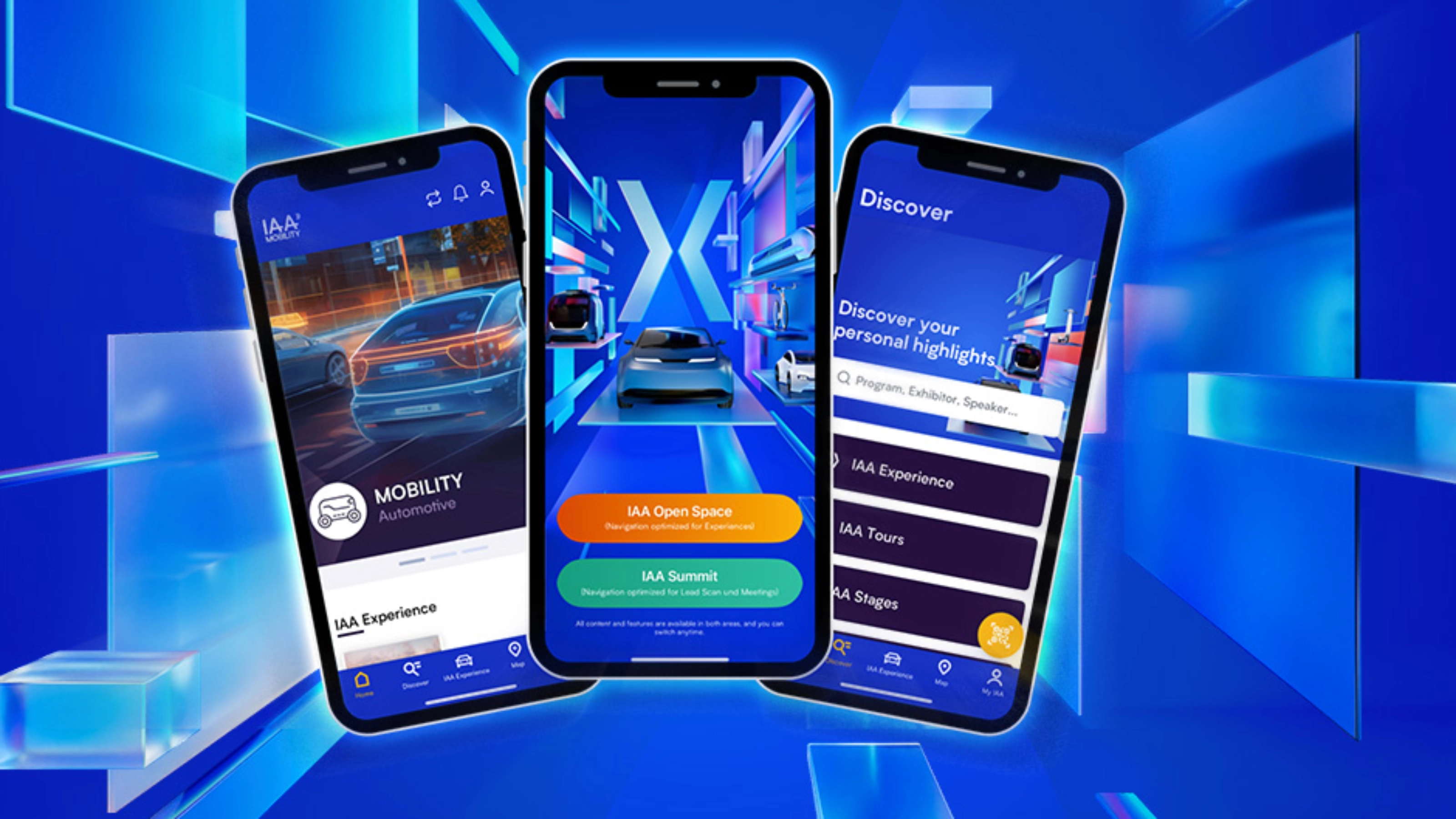 Three smartphones display an automotive event app with cars and navigation options.
