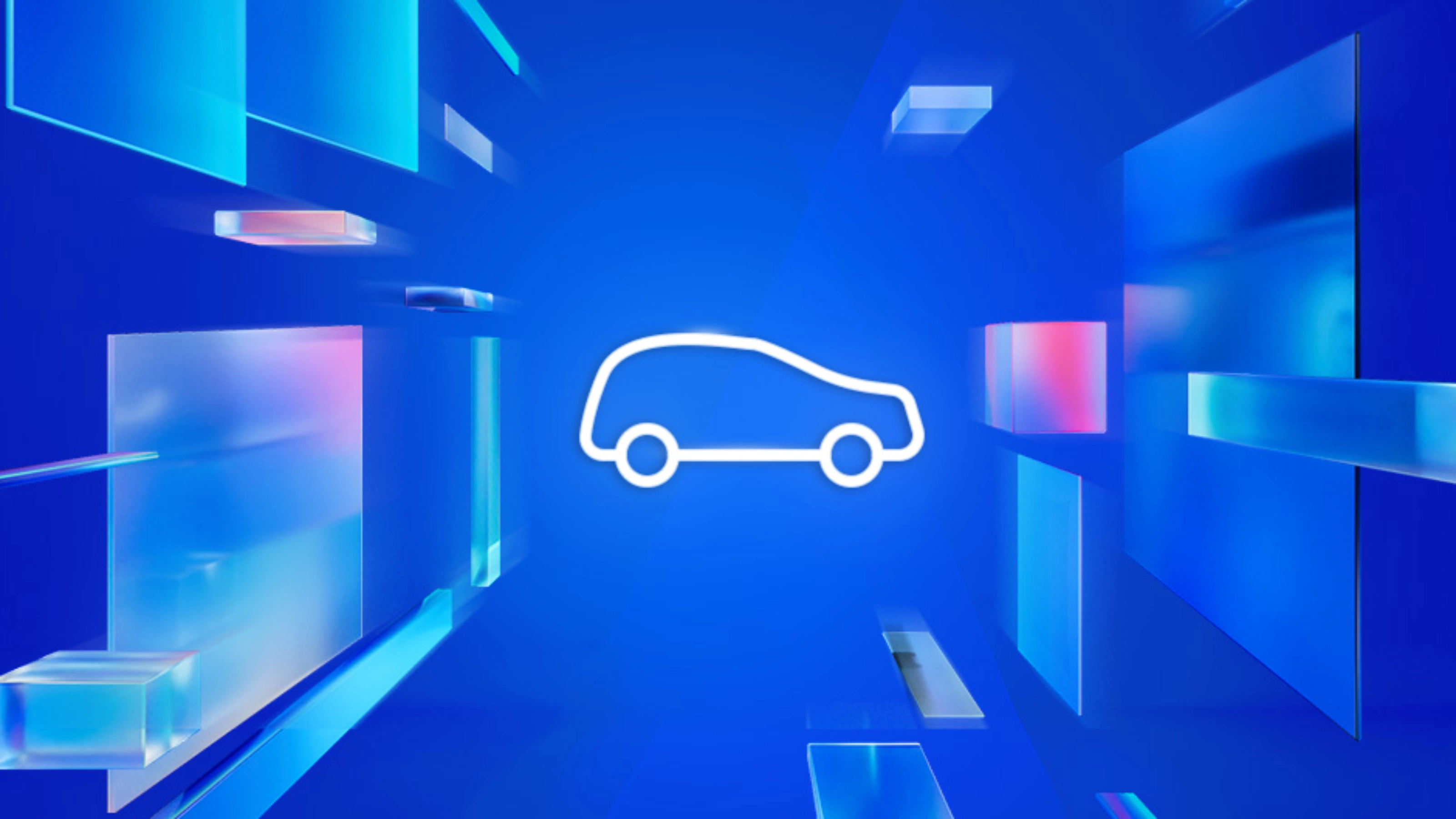 White car icon on a futuristic blue background with glowing and transparent elements, symbolizing arrival by car.