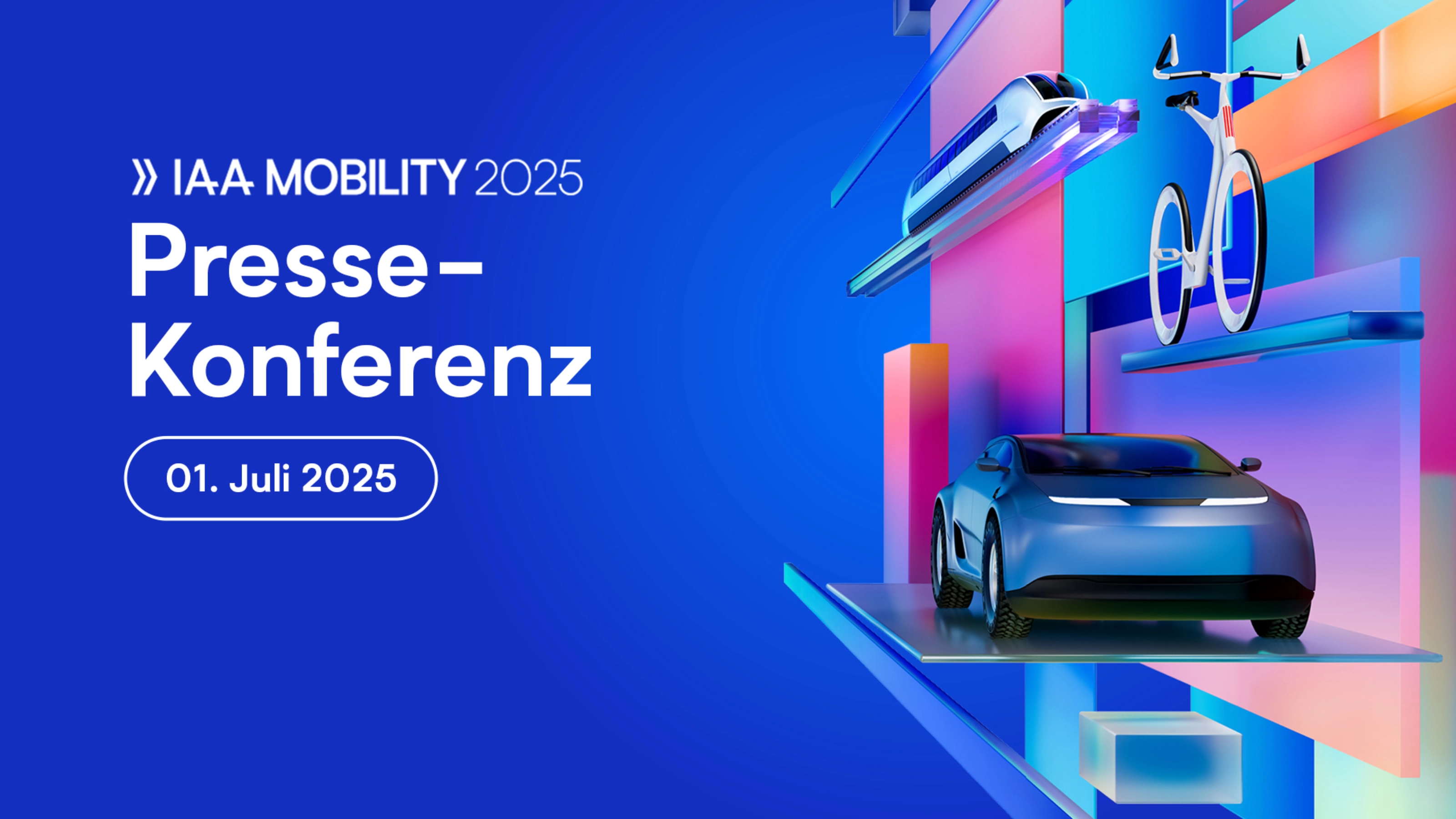 Grafik mit Text „IAA MOBILITY 2025 Pressekonferenz, 01. Juli 2025“ und futurischen Verkehrsmitteln.