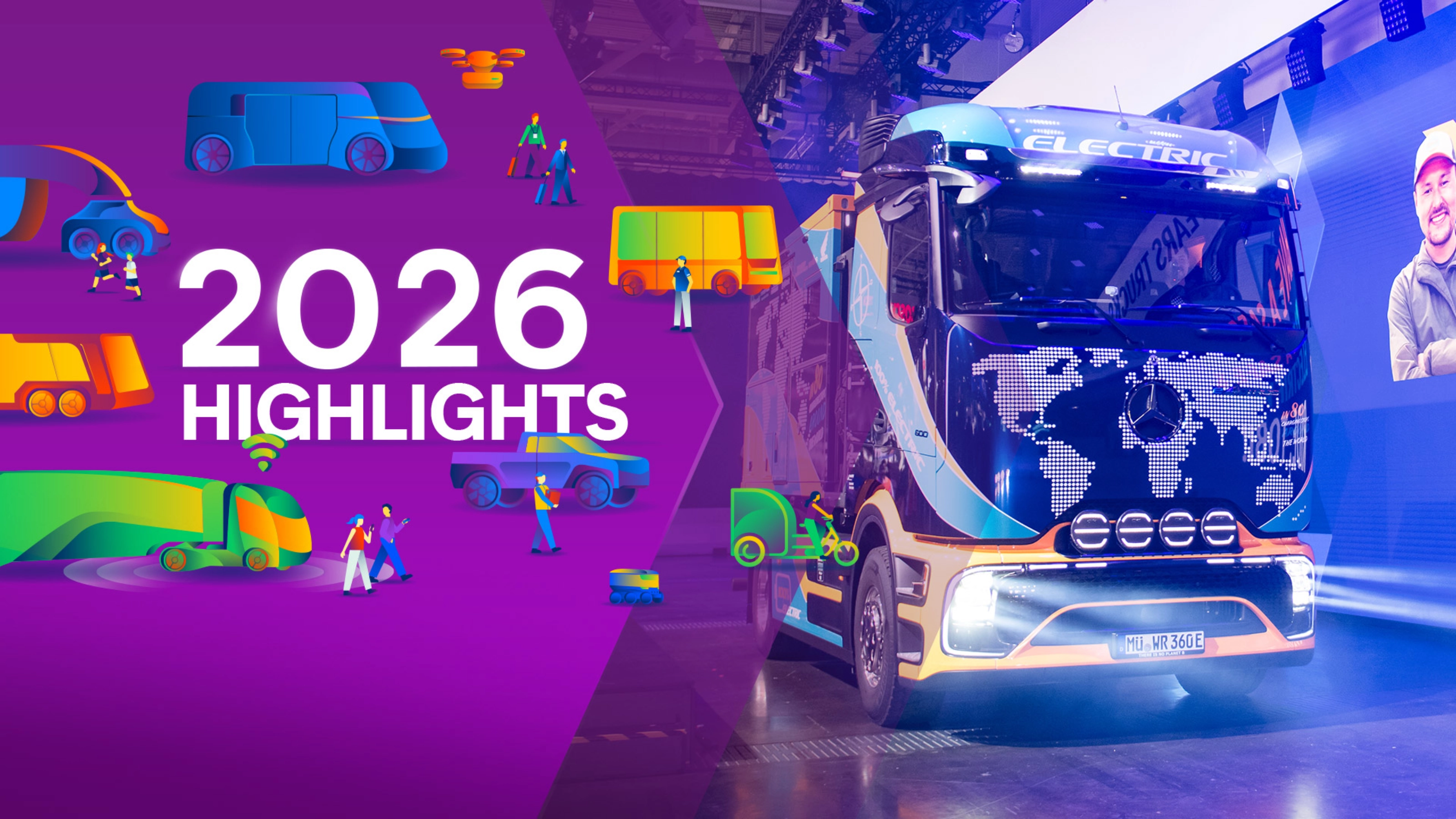 Highlights with an electric Mercedes truck and illustrations of future mobility.