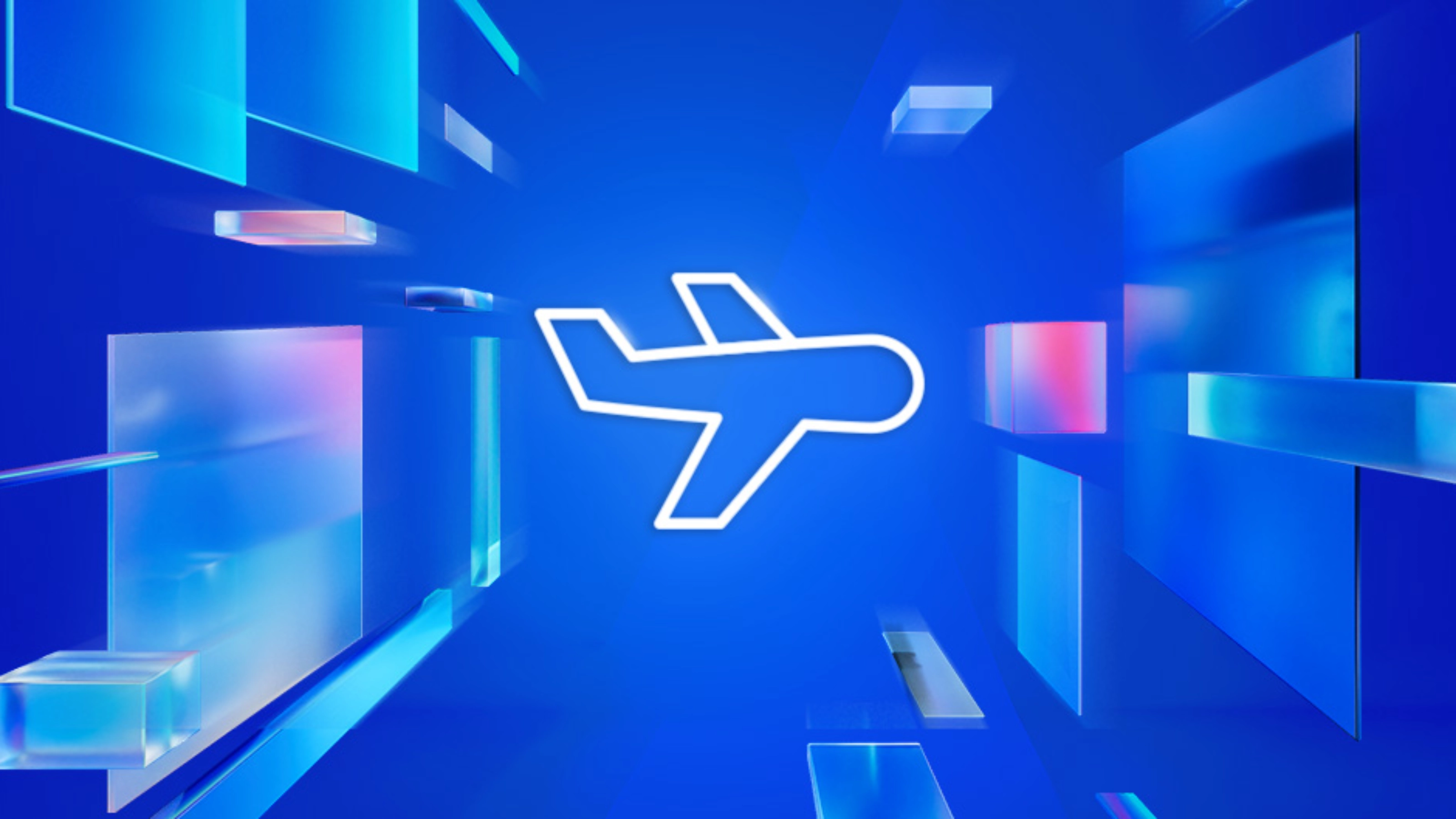 White airplane icon on a blue digital background with translucent floating shapes, symbolizing arrival by plane.