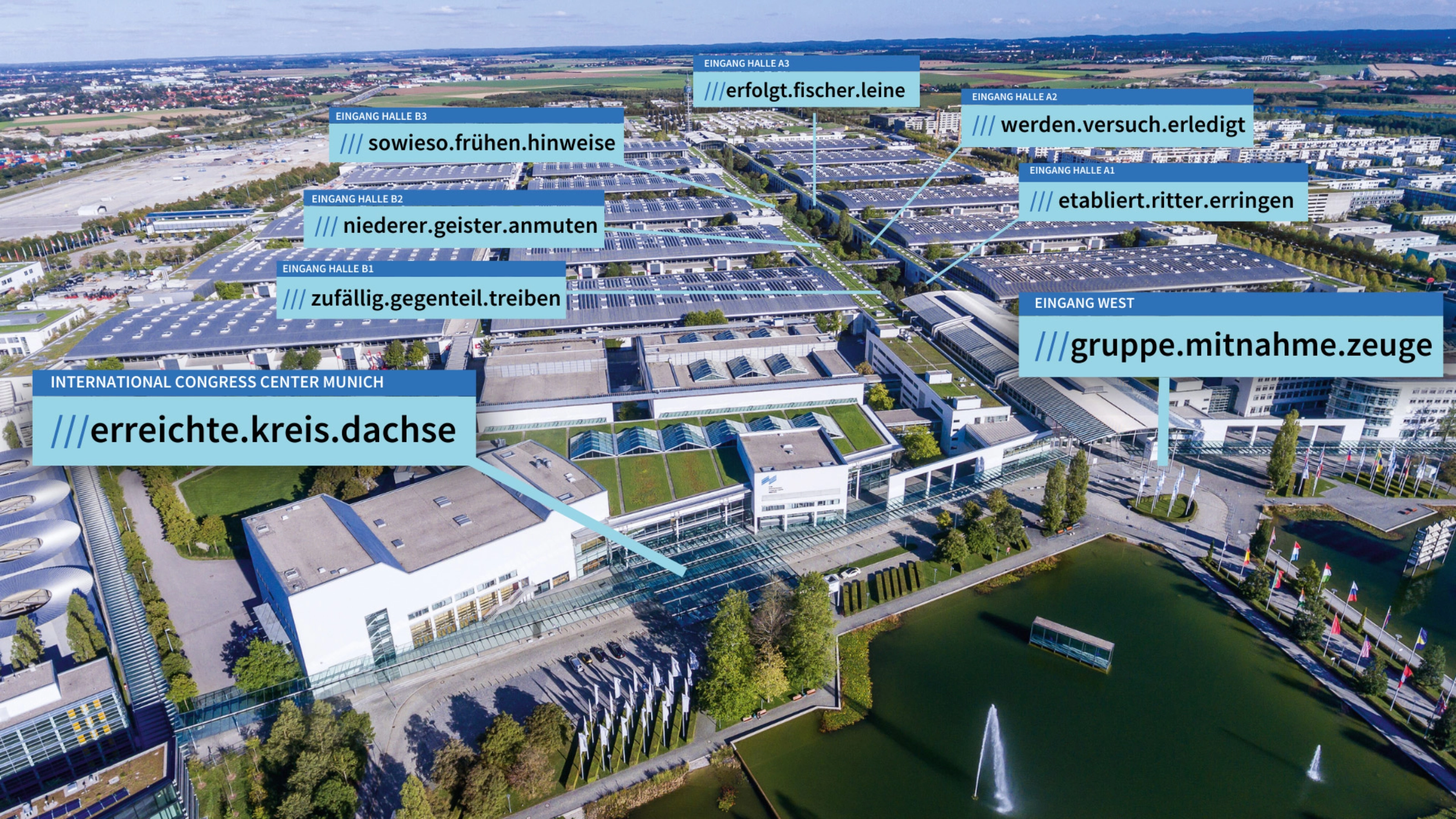 Aerial view of the Munich International Congress Center with marked entrances and coordinates.