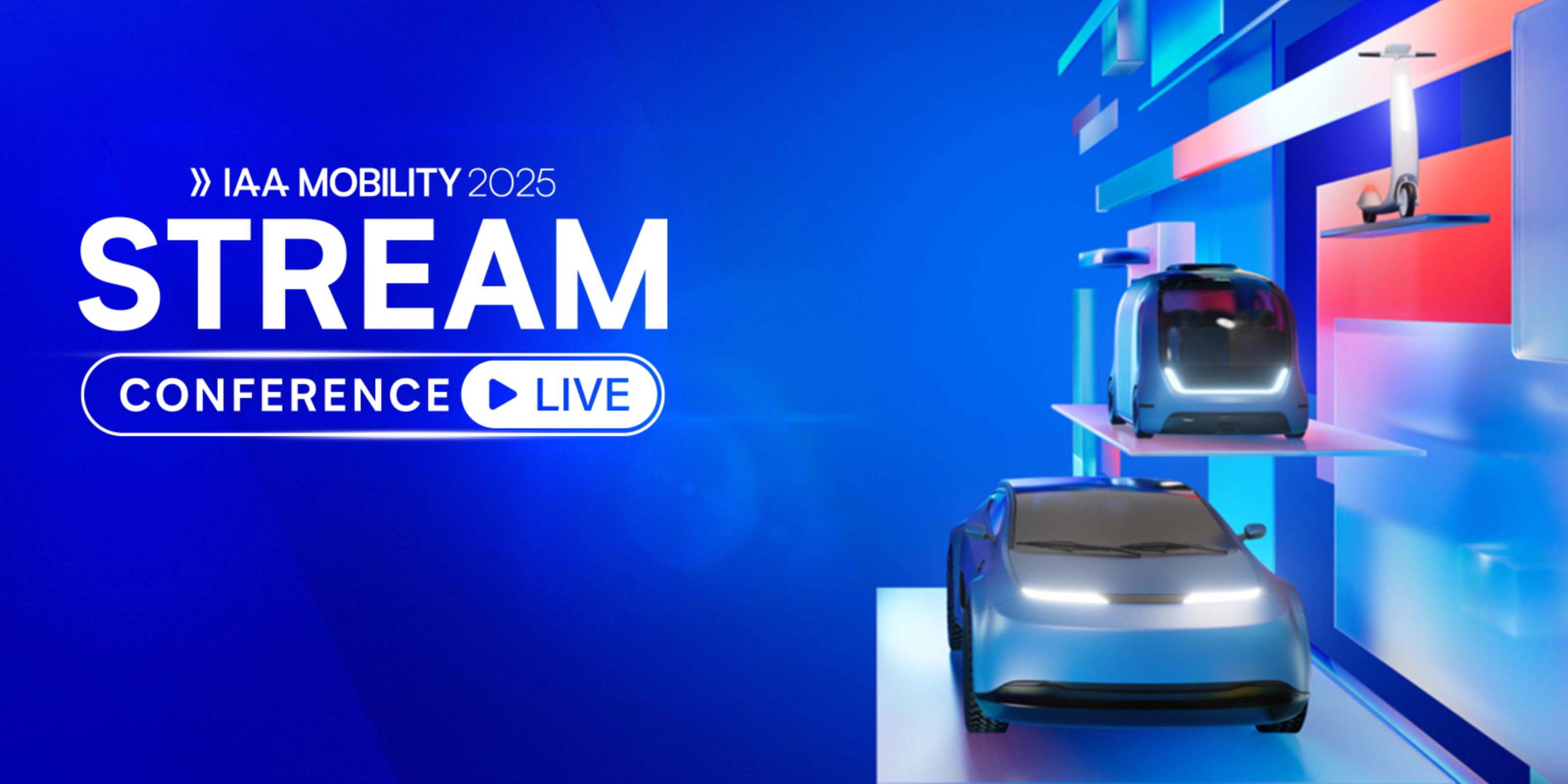 Visual for IAA Mobility 2025 livestream with futuristic vehicles and e-scooter.