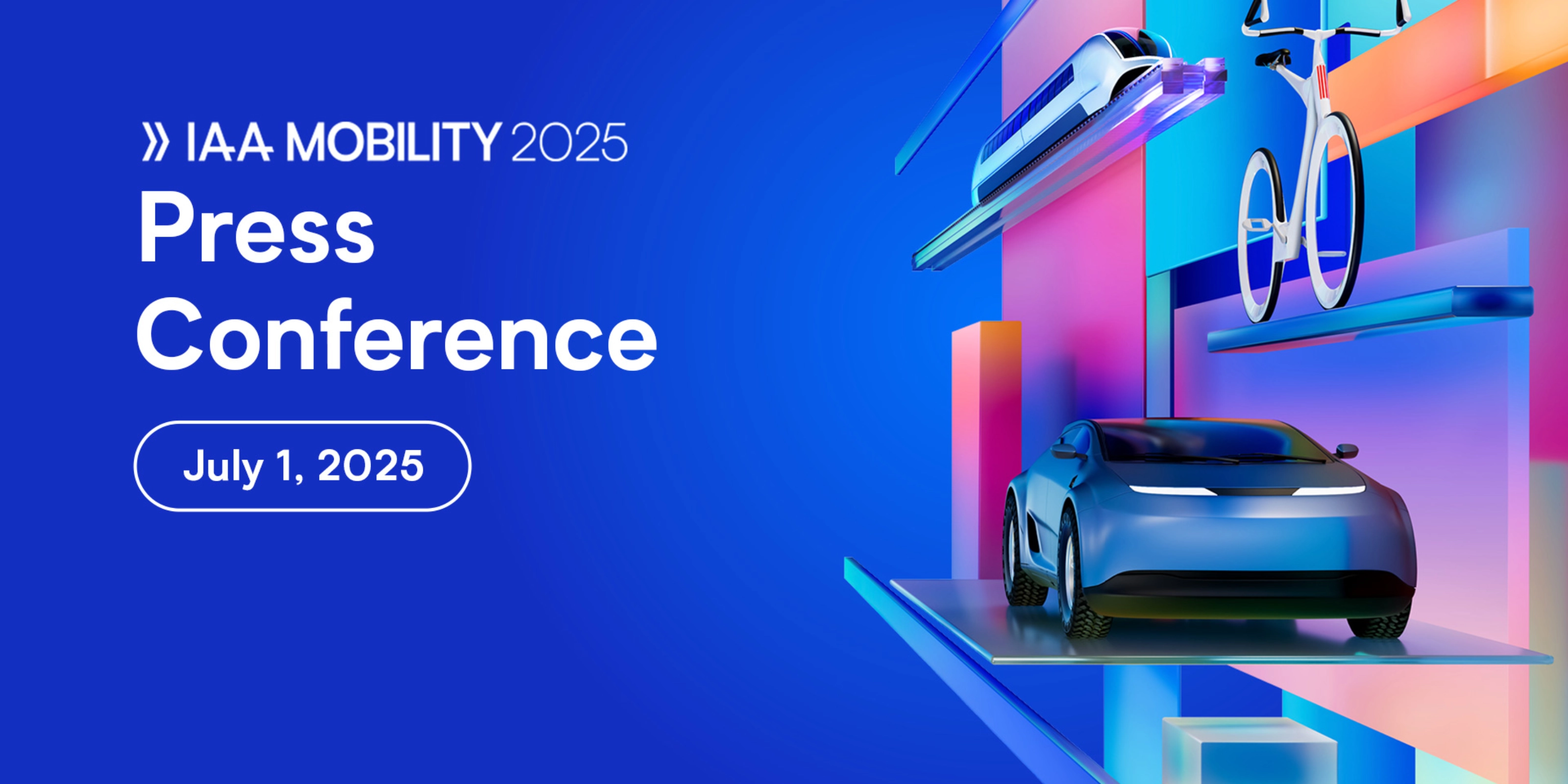 Graphic with text "IAA MOBILITY 2025 Press Conference, July 1, 2025" and futuristic transport.