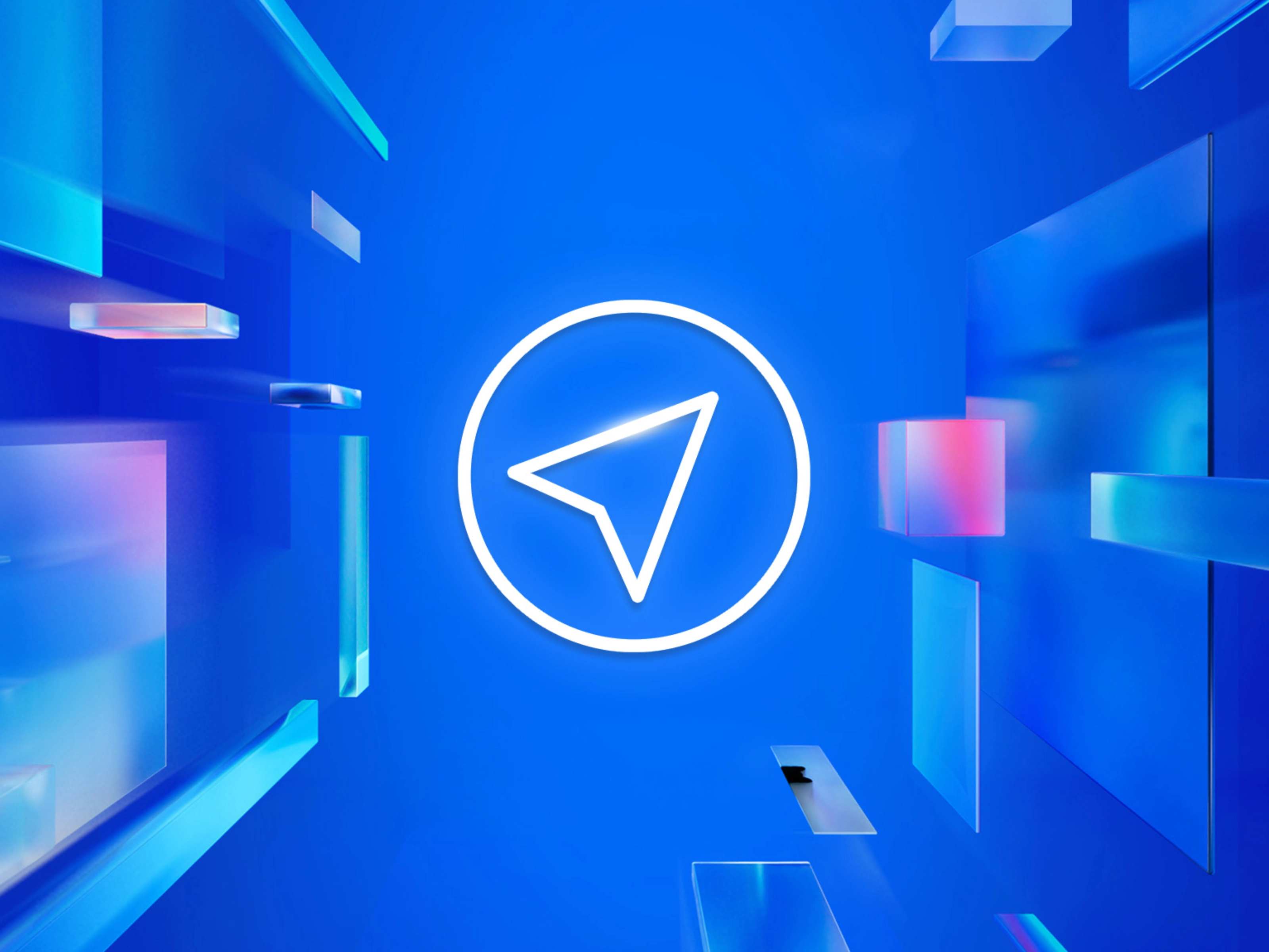 White navigation icon in a circle on a blue background with floating translucent shapes.