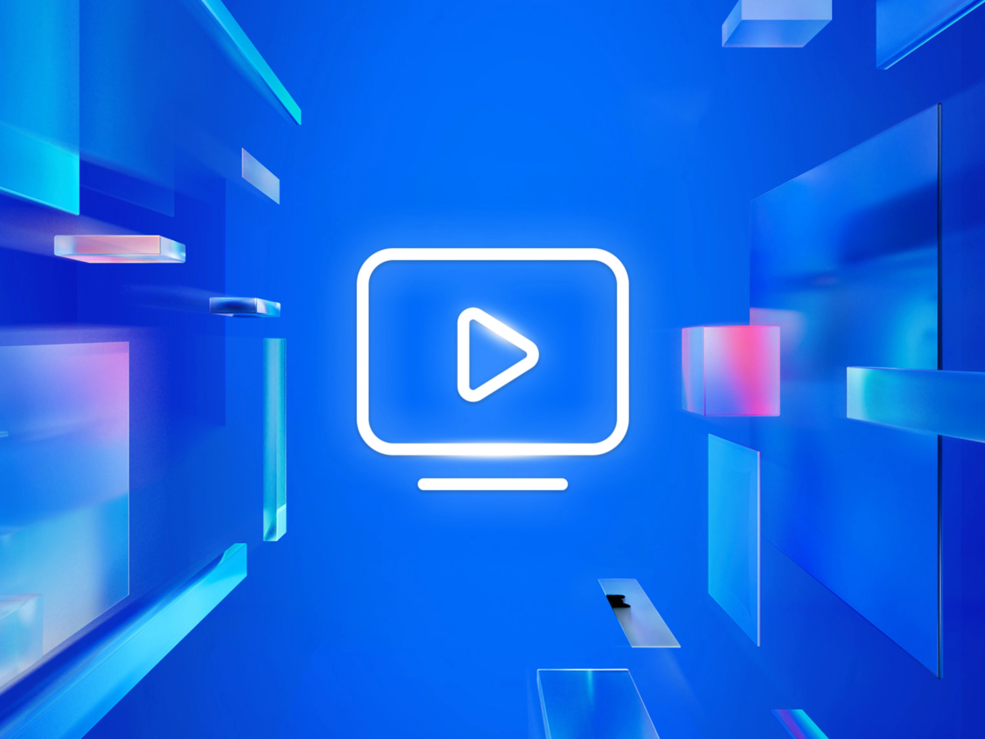 White play button icon on a screen symbol with digital shapes on blue background.