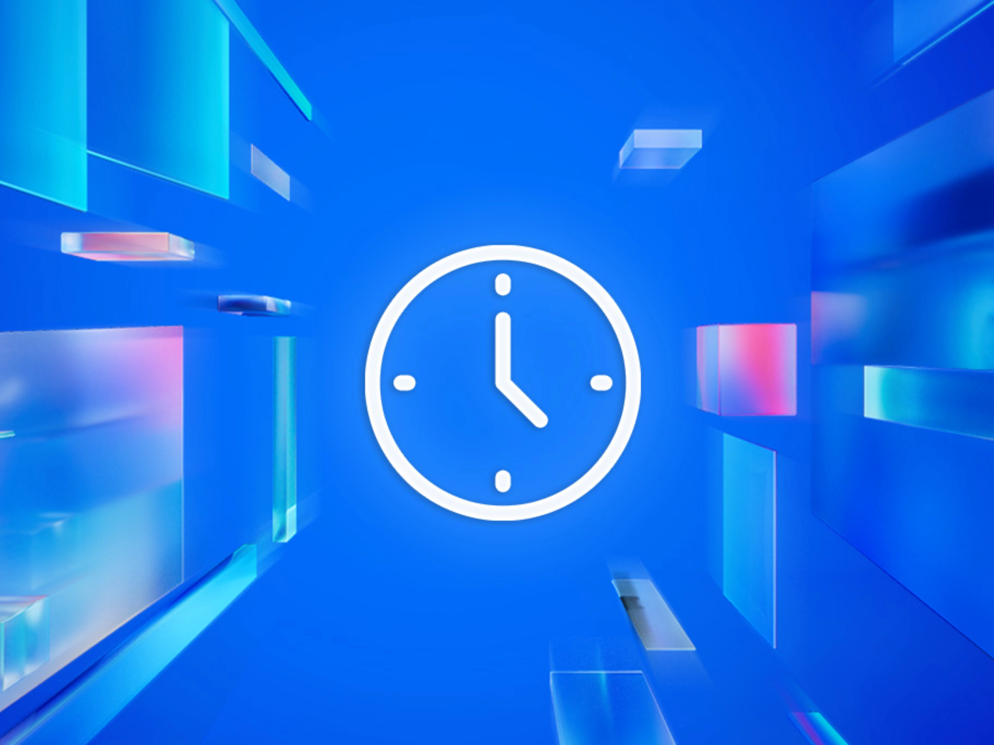 White clock icon centered on a blue digital background with floating translucent shapes.